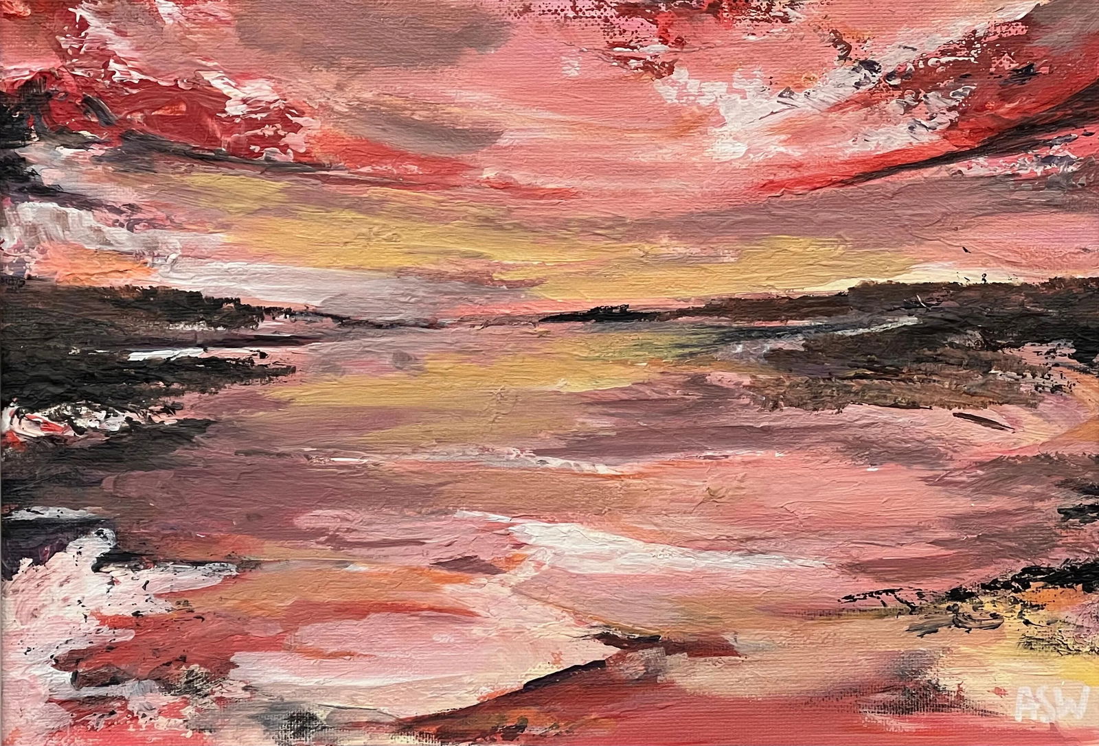 Impasto Abstract Landscape Seascape Framed Painting With Pink Red Black & Golden Yellow, 2024 - 9