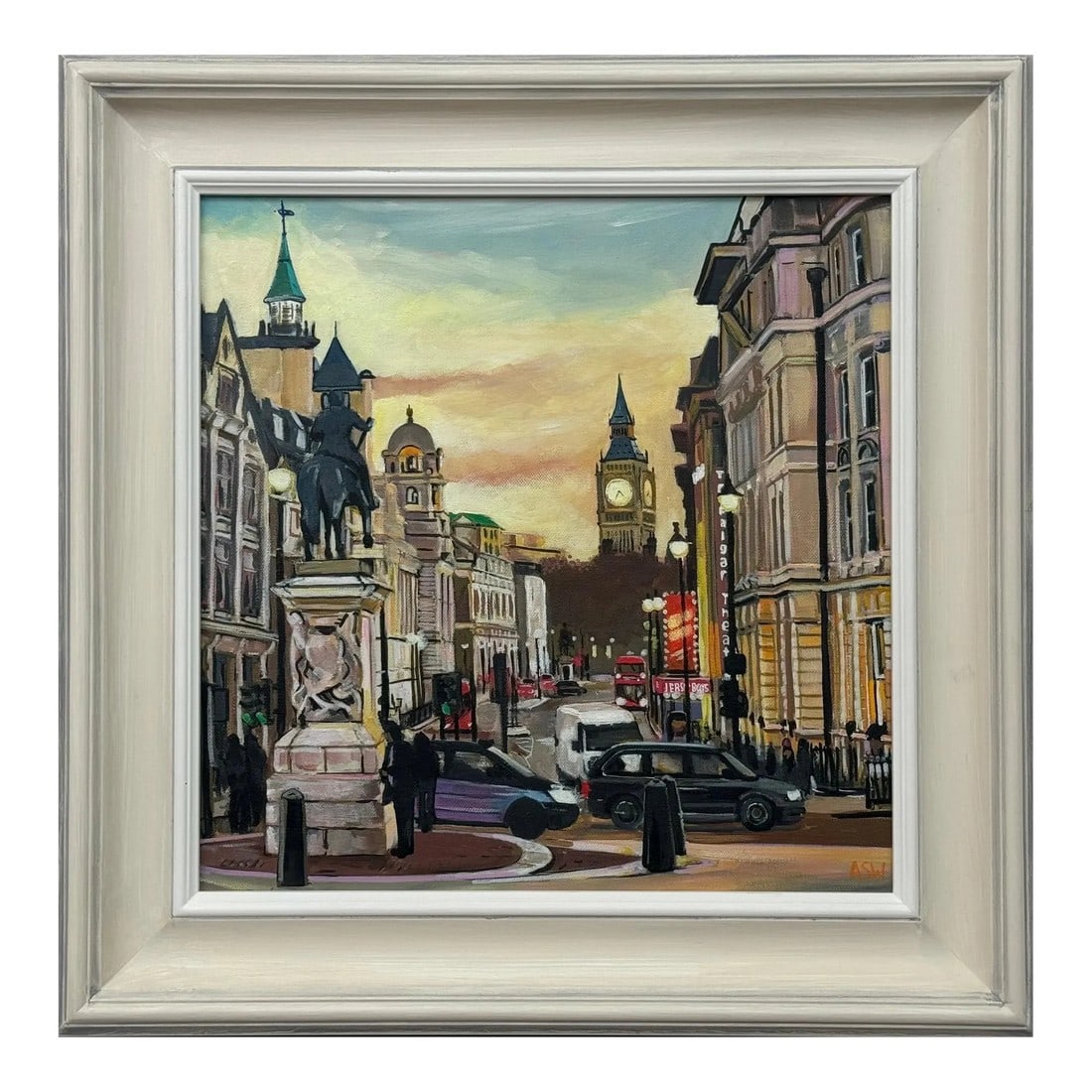 Urban Landscape Art of London City Westminster With Black Taxis, Big Ben & Trafalgar Square by Conte: Urban Landscape Art of London City Westminster by Contemporary British Artist, Angela Wakefield. Framed in the highest quality hand-finished contemporary off-white moulding. Art measures 16 x 16