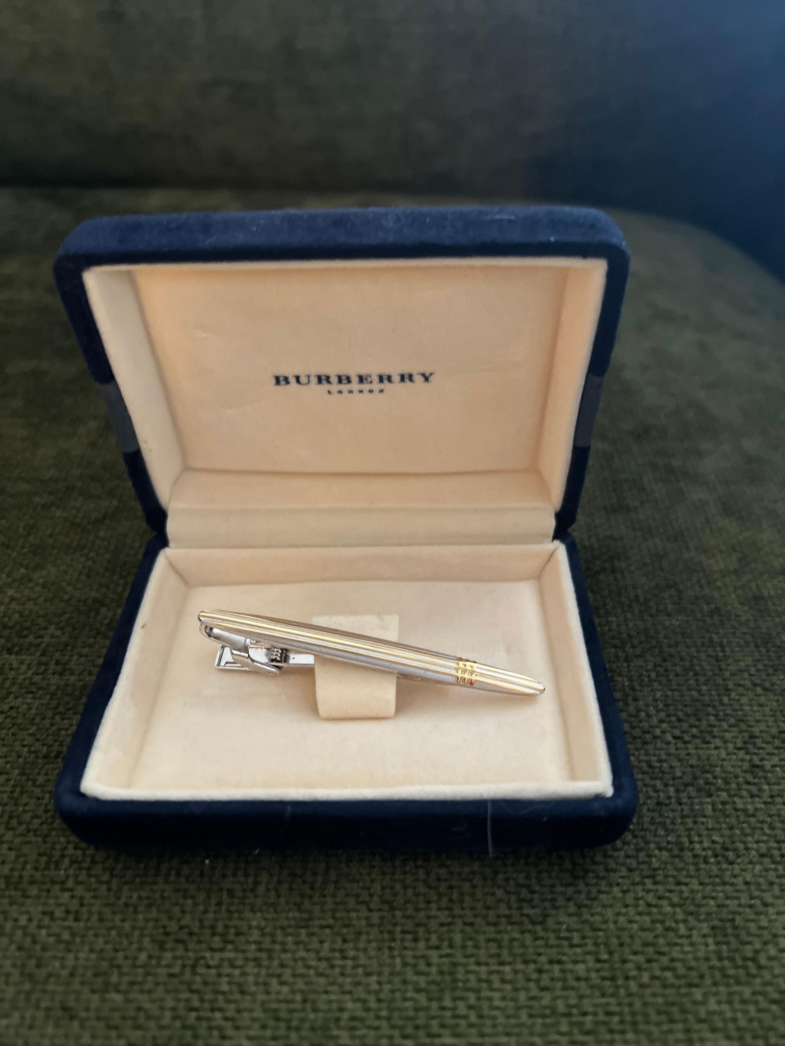 Vintage Burberry Steel & Gold Plate & Tie Clip In Original Case, Circa 1990 - 2