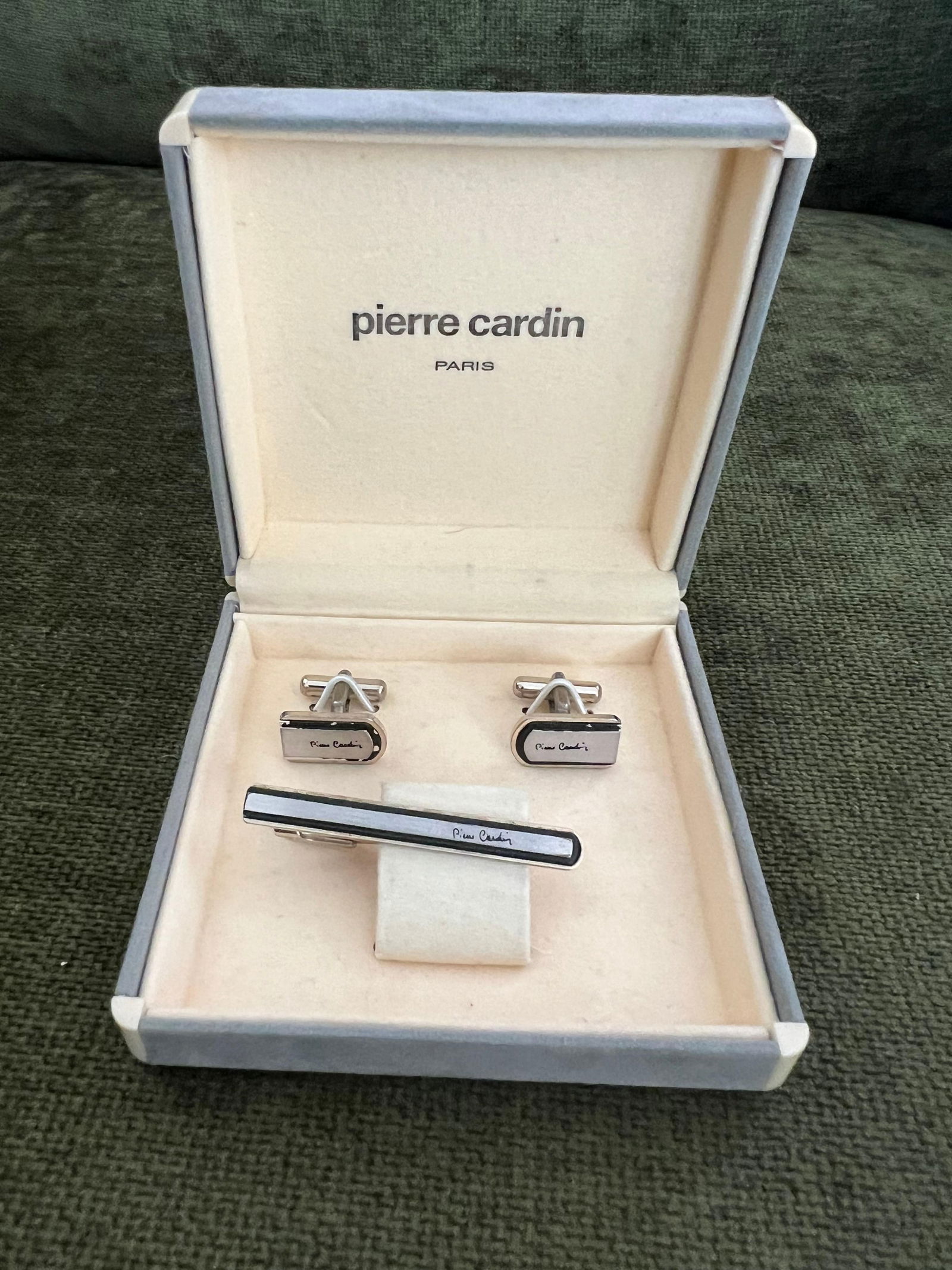 Vintage PIERRE CARDIN Steel Cufflinks & Tie Clip With Original Case Circa 1970 - 2