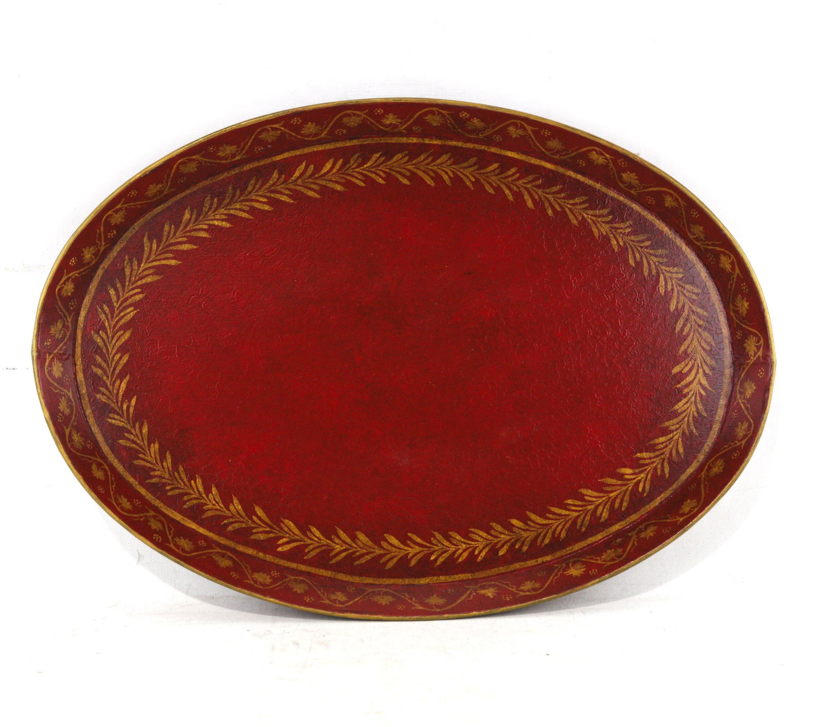 Vintage Handmade Metal Red Tray With Hand-Painted Gold Olive Leaf Wreath - 11