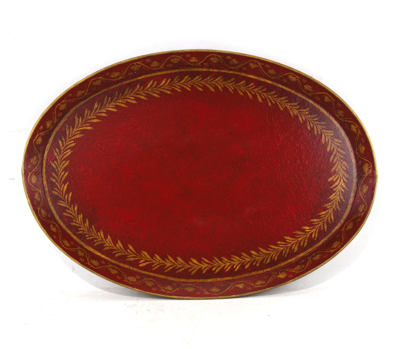 Vintage Handmade Metal Red Tray With Hand-Painted Gold Olive Leaf Wreath - 2