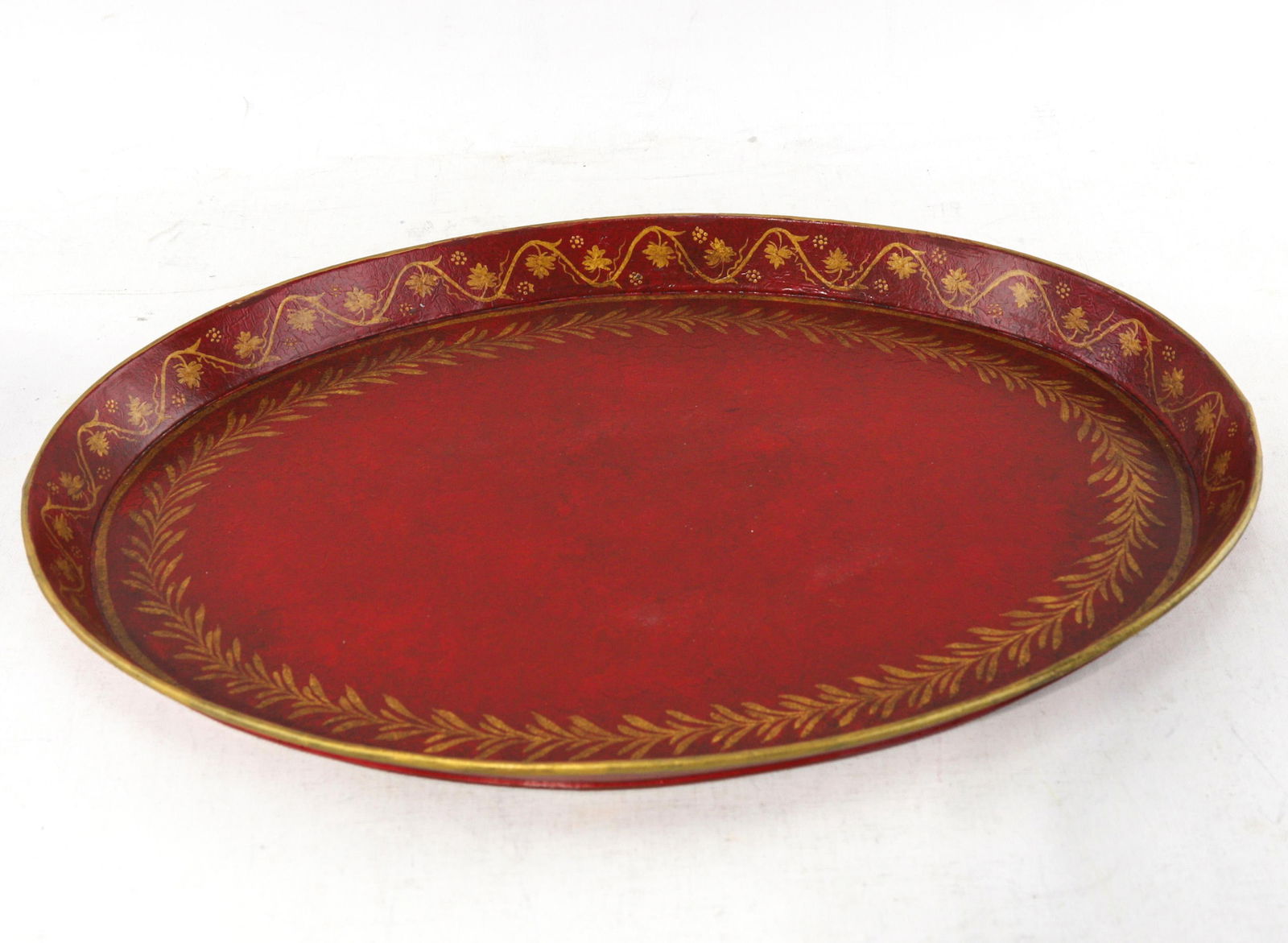 Vintage Handmade Metal Red Tray With Hand-Painted Gold Olive Leaf Wreath - 4