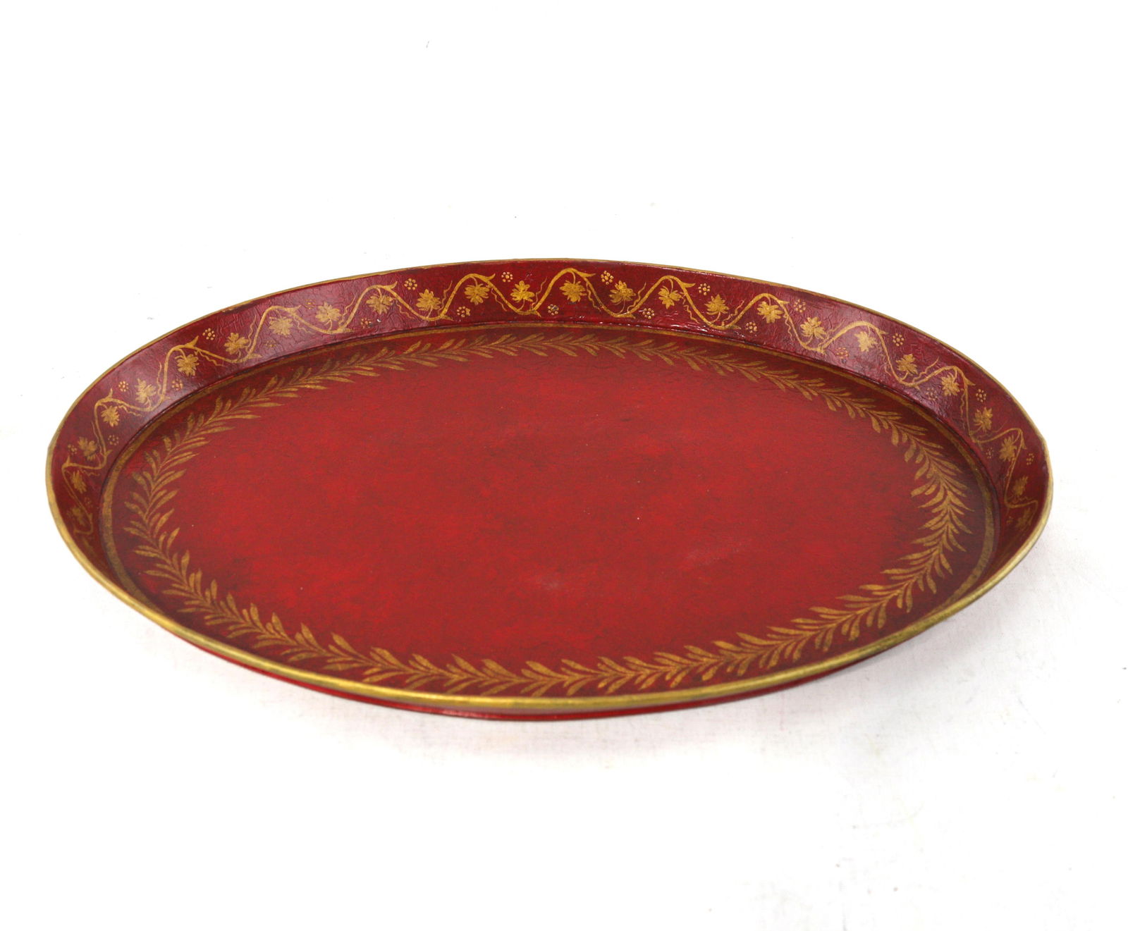 Vintage Handmade Metal Red Tray With Hand-Painted Gold Olive Leaf Wreath - 5