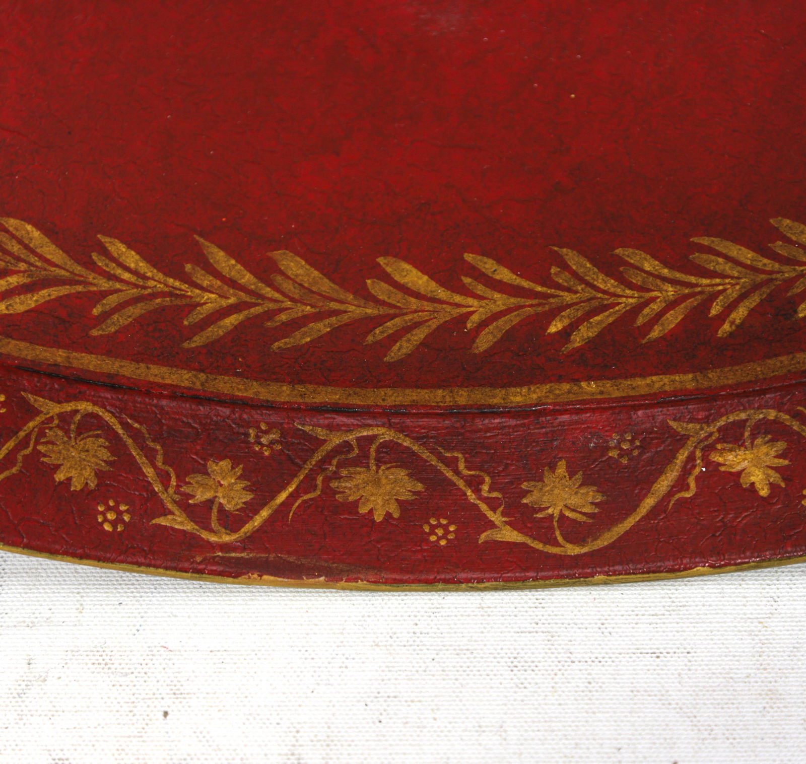 Vintage Handmade Metal Red Tray With Hand-Painted Gold Olive Leaf Wreath - 8