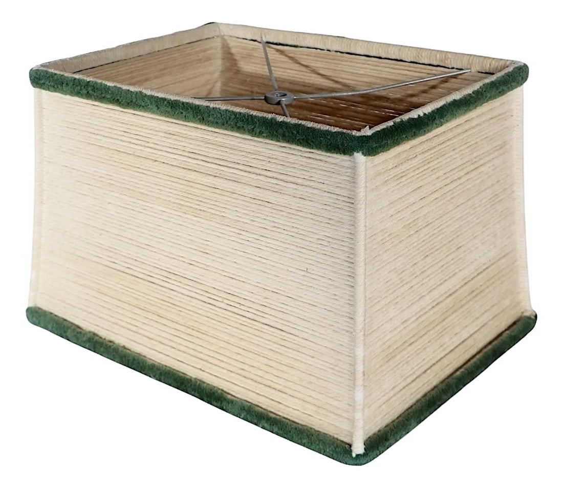 Mid Century Lamp Shade in Wrapped String and Shag: Exceptional Mid Century, Hollywood Regency vintage wrapped cord and shag trim lamp shade of rectangular form, in very good, clean, original, ready to use condition. W 14" x H 9" x D 10.5" 