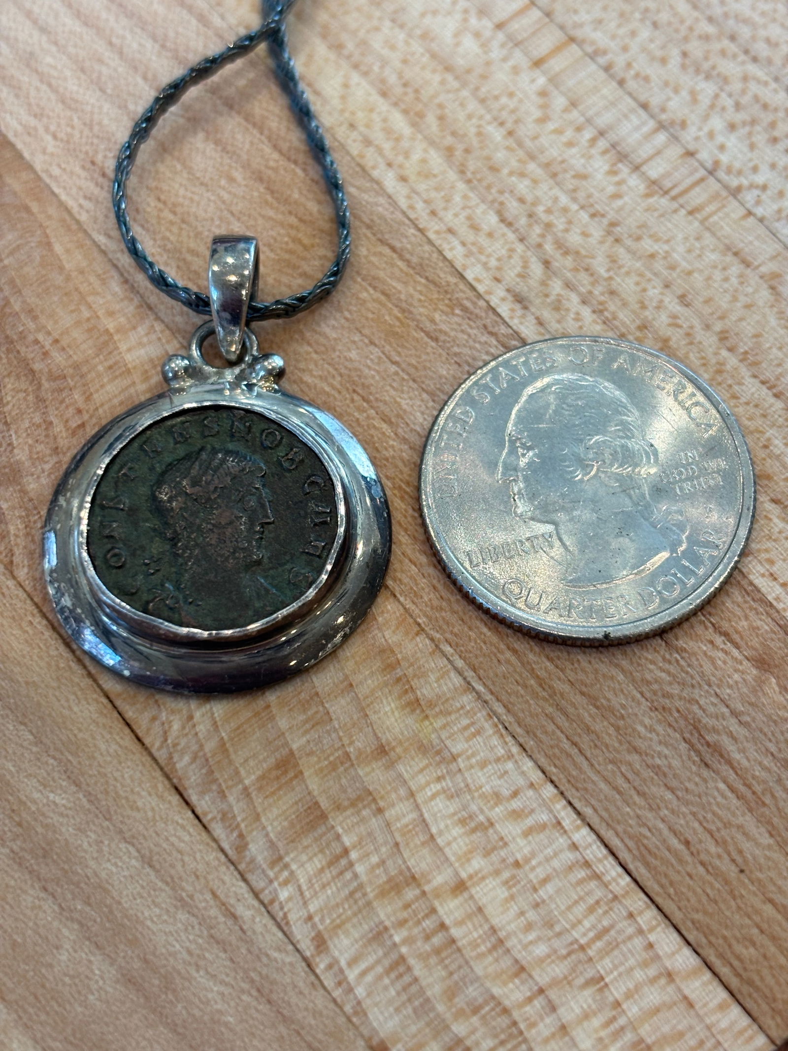 Antique Roman Coin Pendant W Smooth Silver Bezel Setting - 10