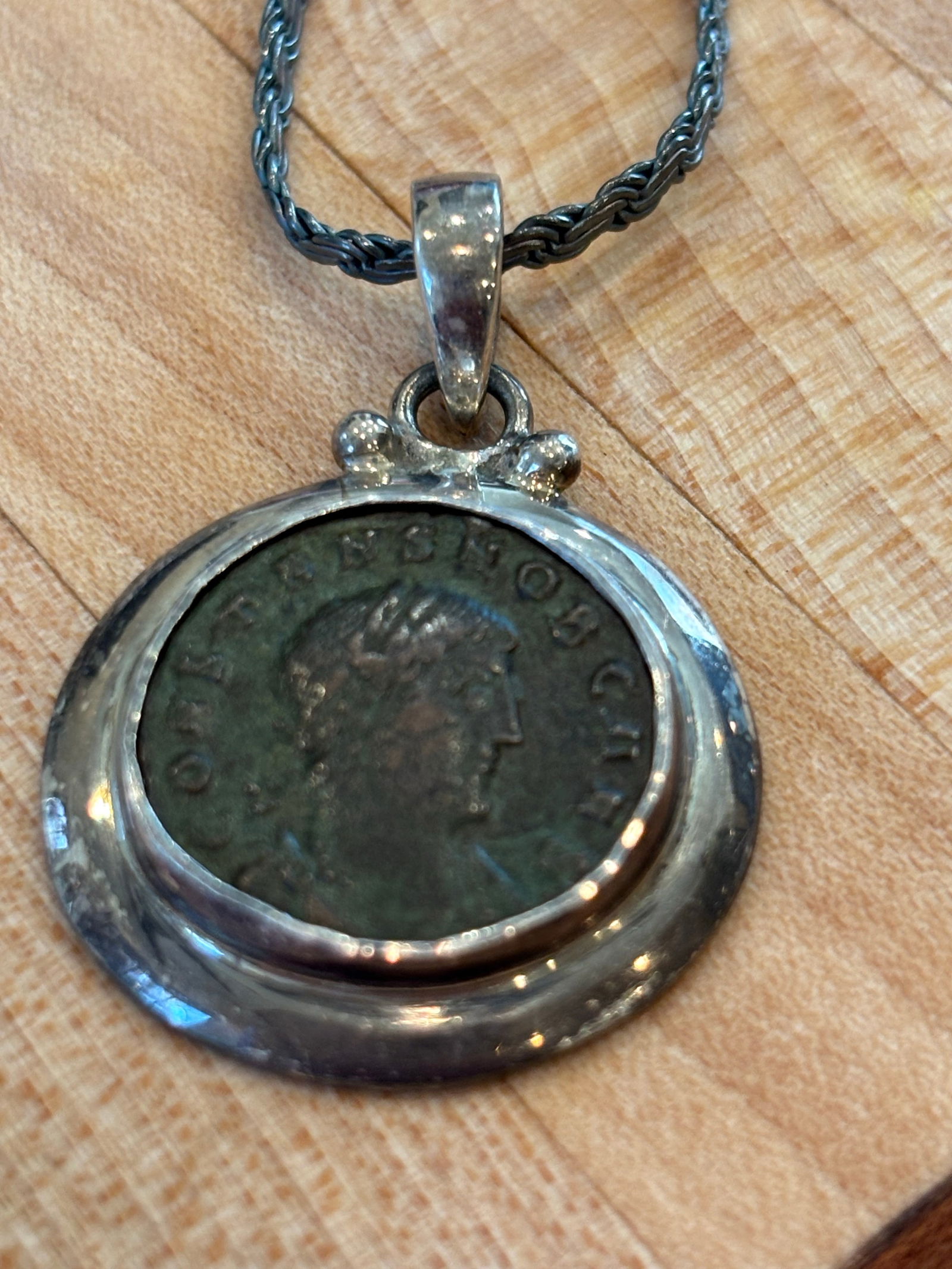 Antique Roman Coin Pendant W Smooth Silver Bezel Setting - 2