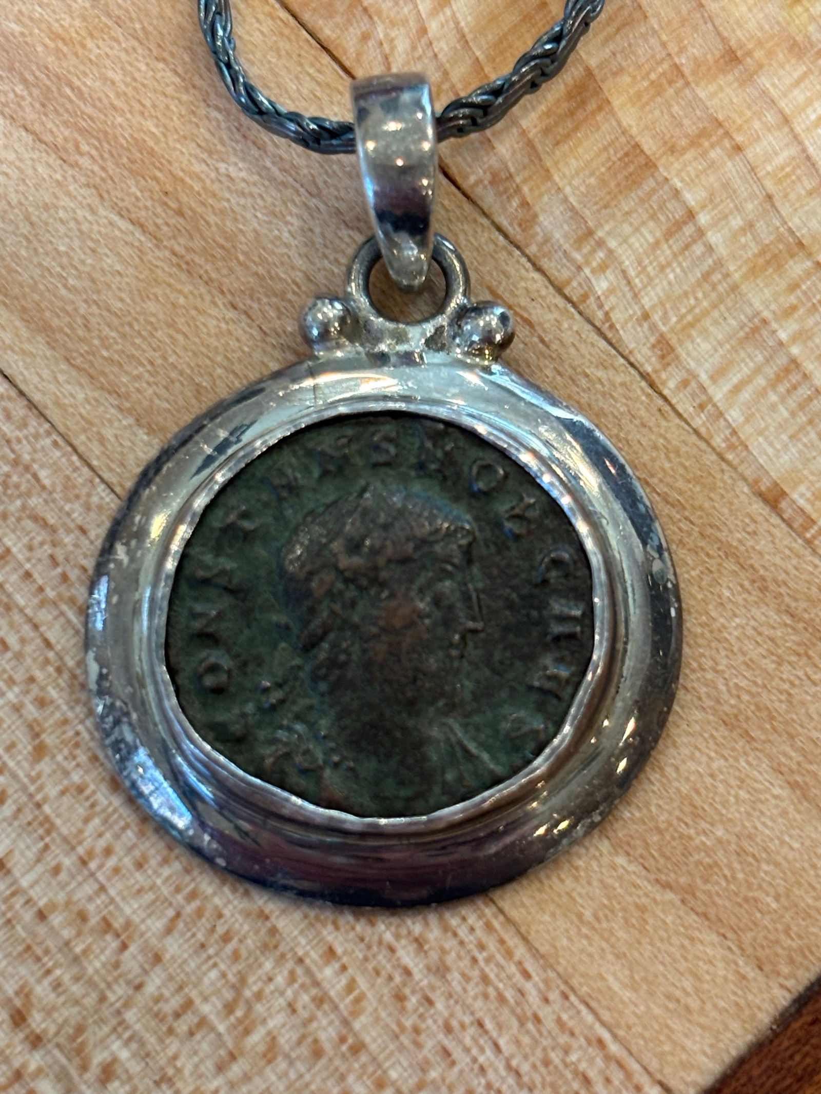 Antique Roman Coin Pendant W Smooth Silver Bezel Setting - 3