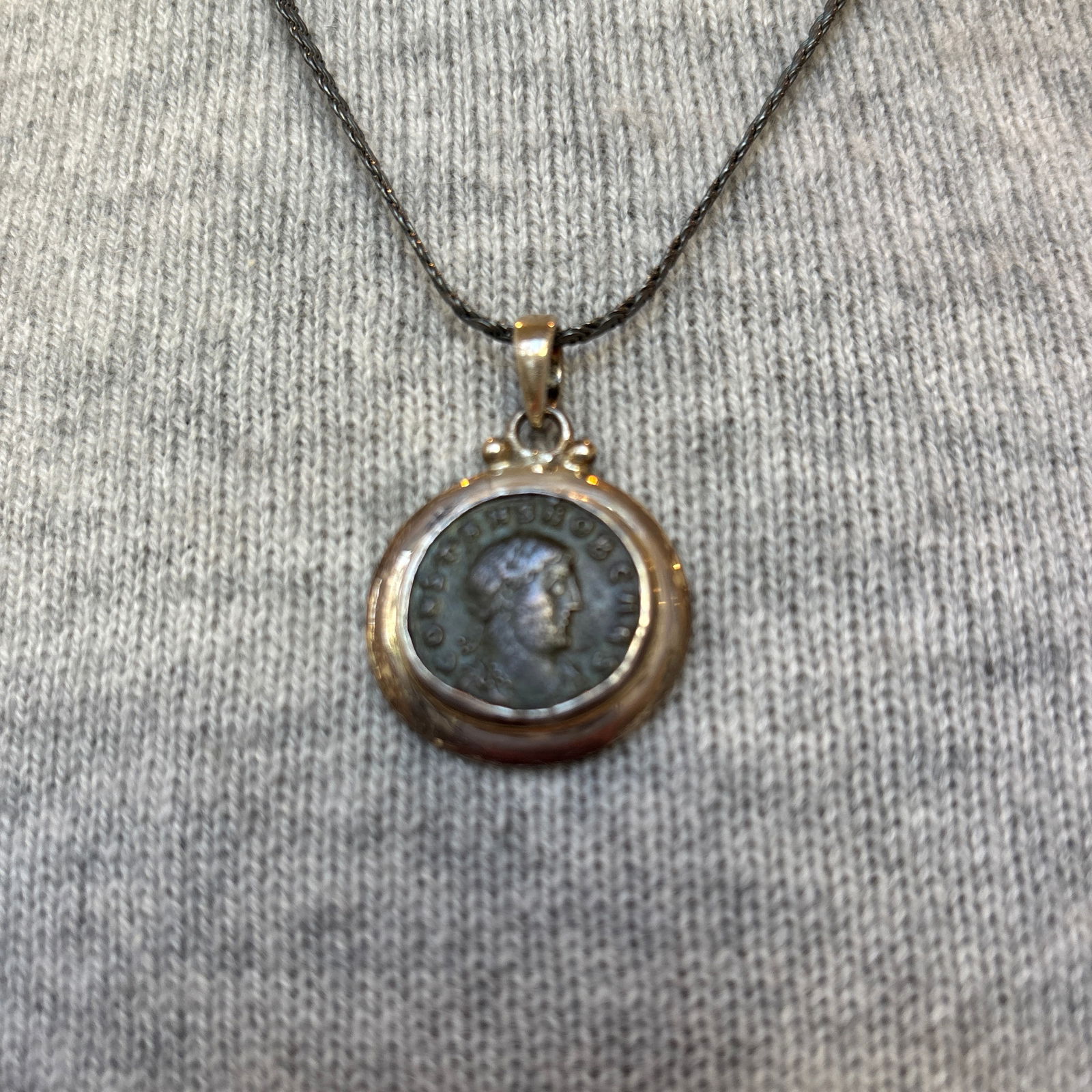 Antique Roman Coin Pendant W Smooth Silver Bezel Setting - 7