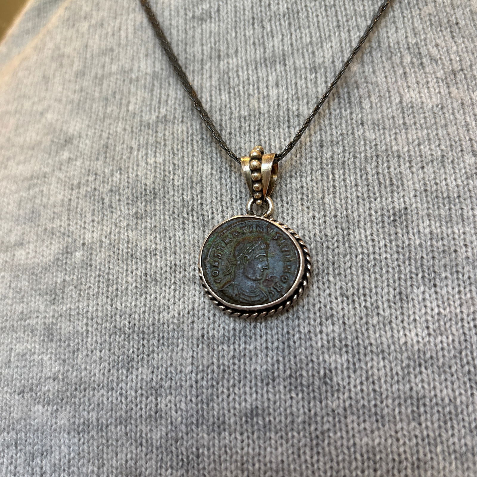 Antique Roman Coin in Sterling Silver Rope Setting - 10