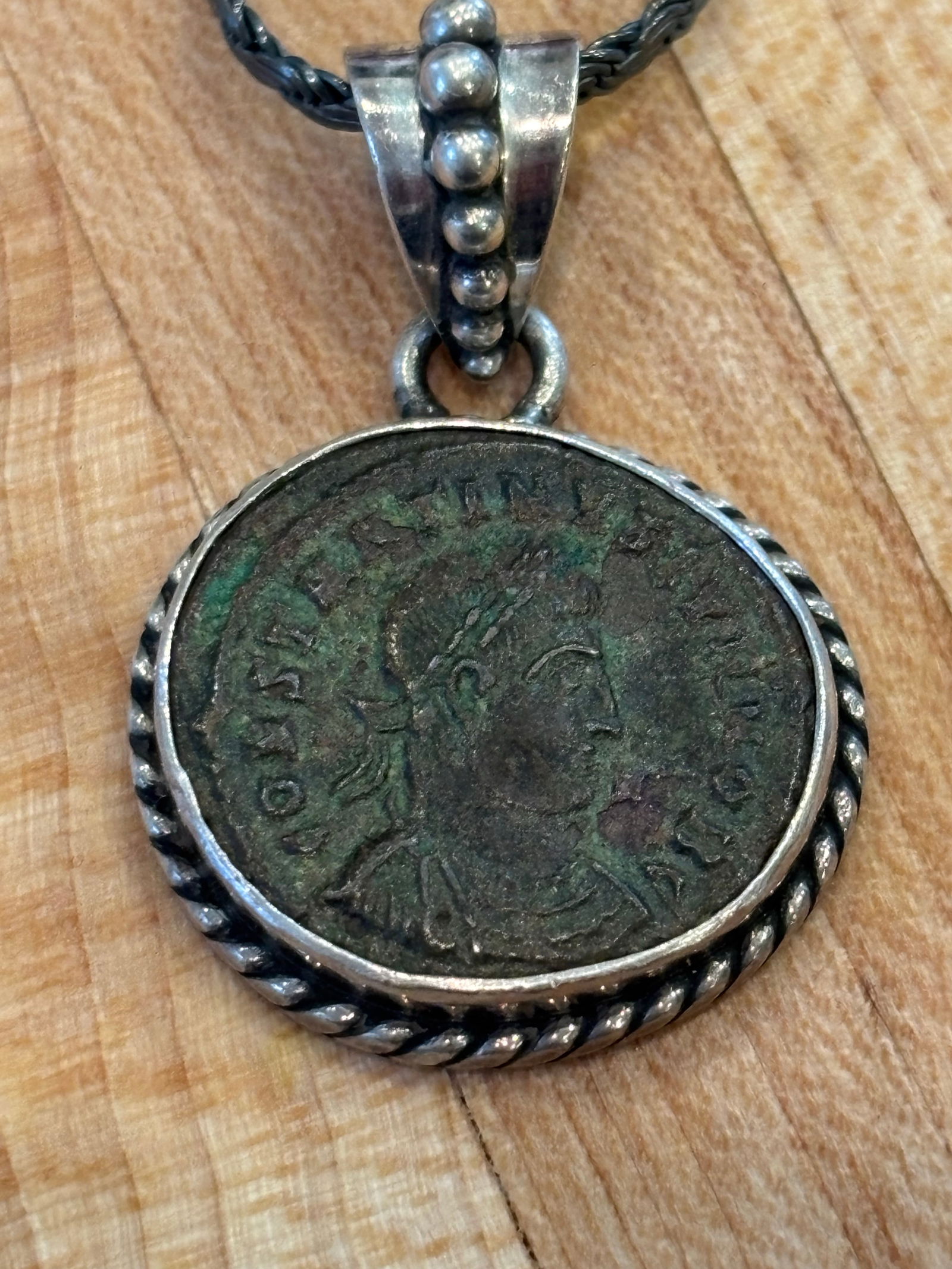 Antique Roman Coin in Sterling Silver Rope Setting - 2