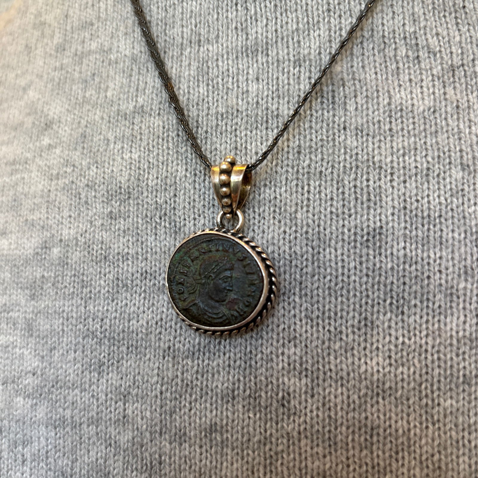 Antique Roman Coin in Sterling Silver Rope Setting - 8