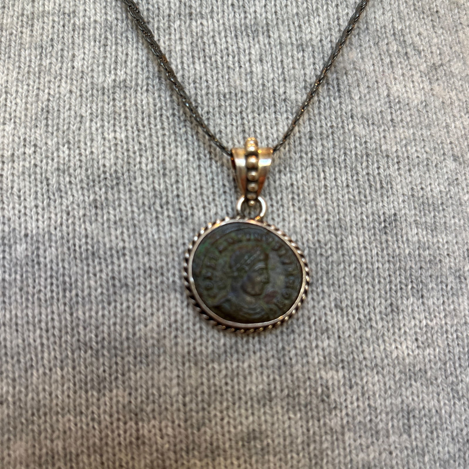 Antique Roman Coin in Sterling Silver Rope Setting - 9
