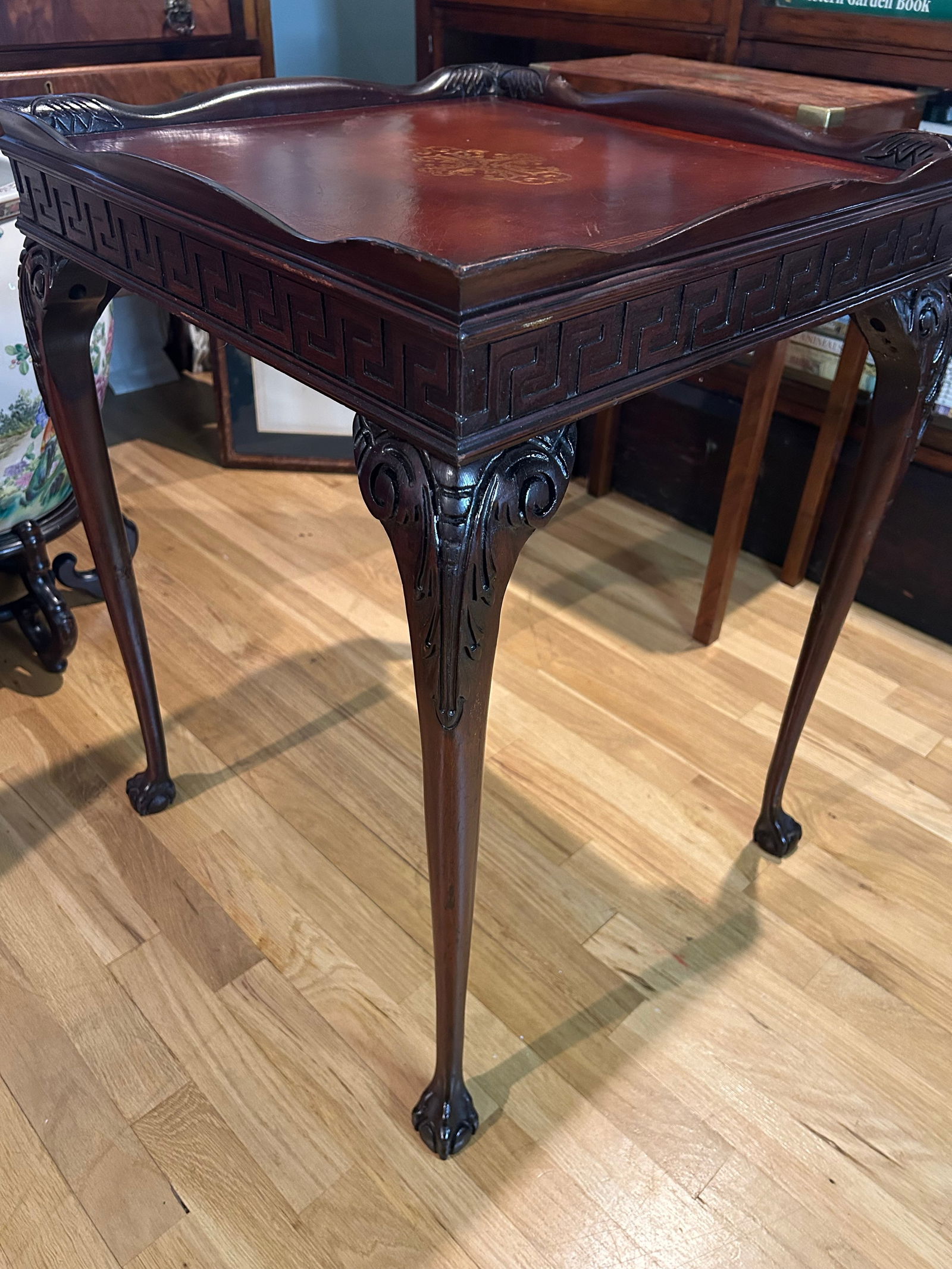 Early to Mid 20th Century Square Mahogany Chippendale Ball and Claw Foot Table With Leather Top and - 3