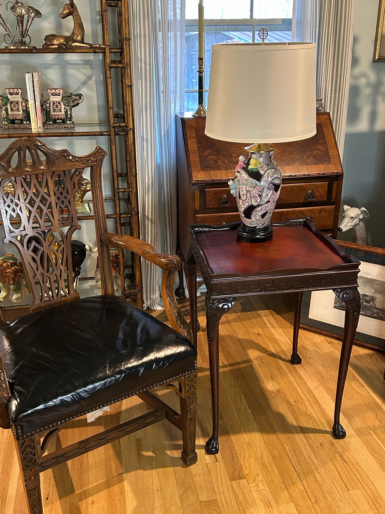 Early to Mid 20th Century Square Mahogany Chippendale Ball and Claw Foot Table With Leather Top and - 4