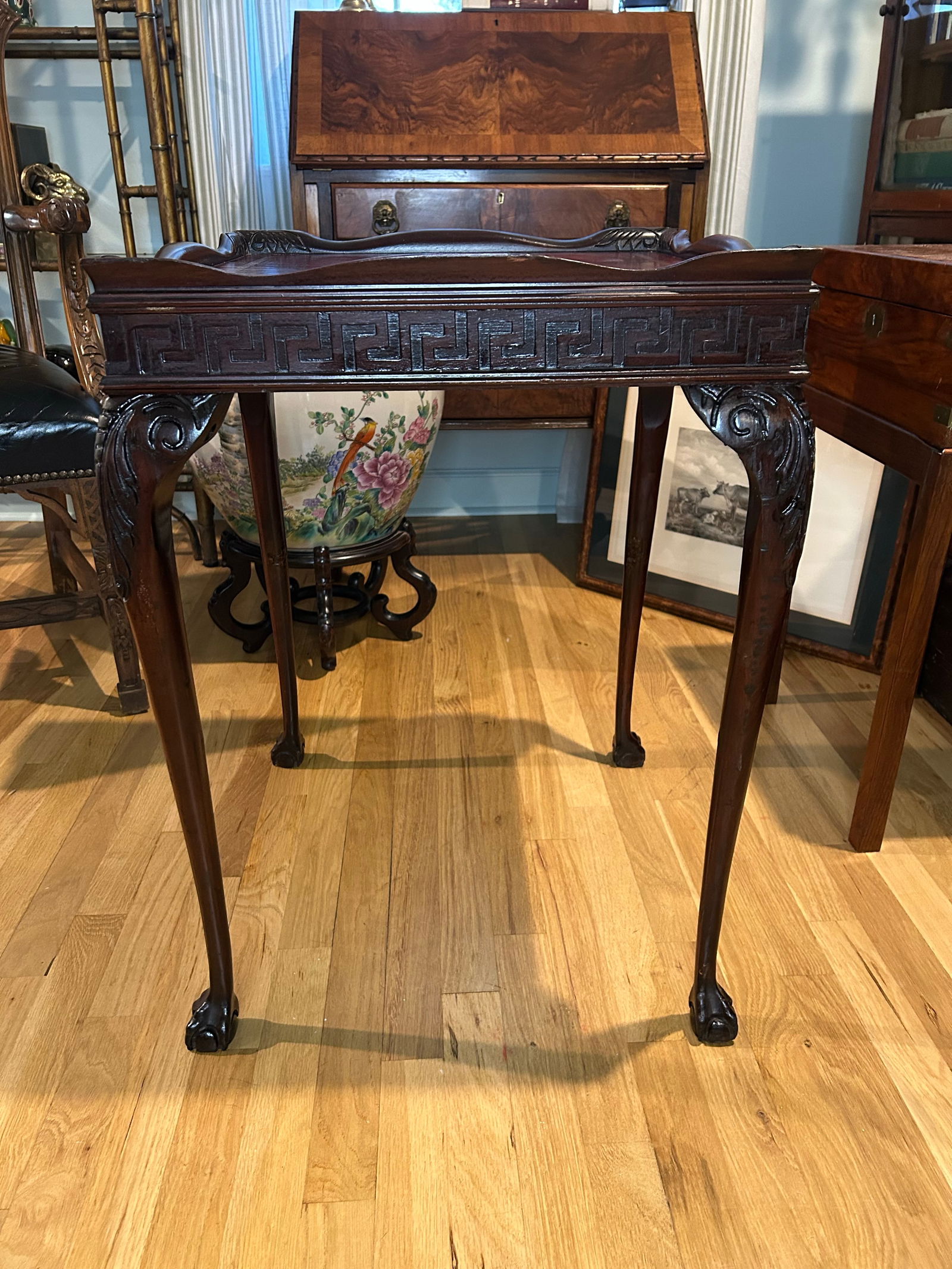 Early to Mid 20th Century Square Mahogany Chippendale Ball and Claw Foot Table With Leather Top and - 5