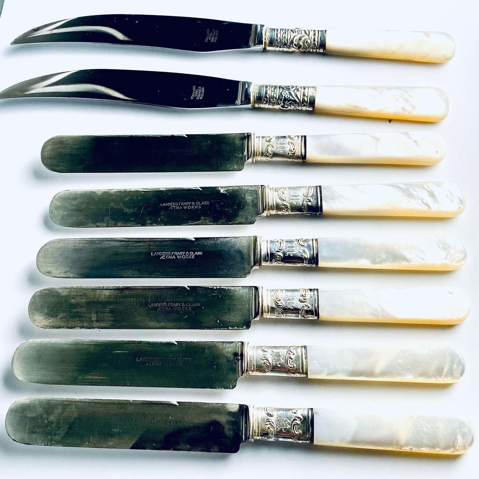 1930s Fruit & Butter Mother-Of-Pearl Handled Knives with Sterling Silver Accents- Set of 8 - 12