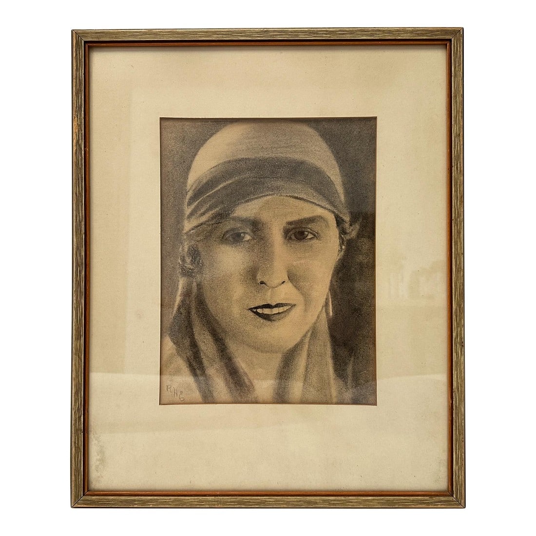 Vintage Woman Portrait Sketch, 1937 Portraiture: This vintage 1937 original crayon art portrait piece features a lovely Art Deco era woman in a head scarf. The artist has signed the lower left with monogramed initials, and the back includes an art
