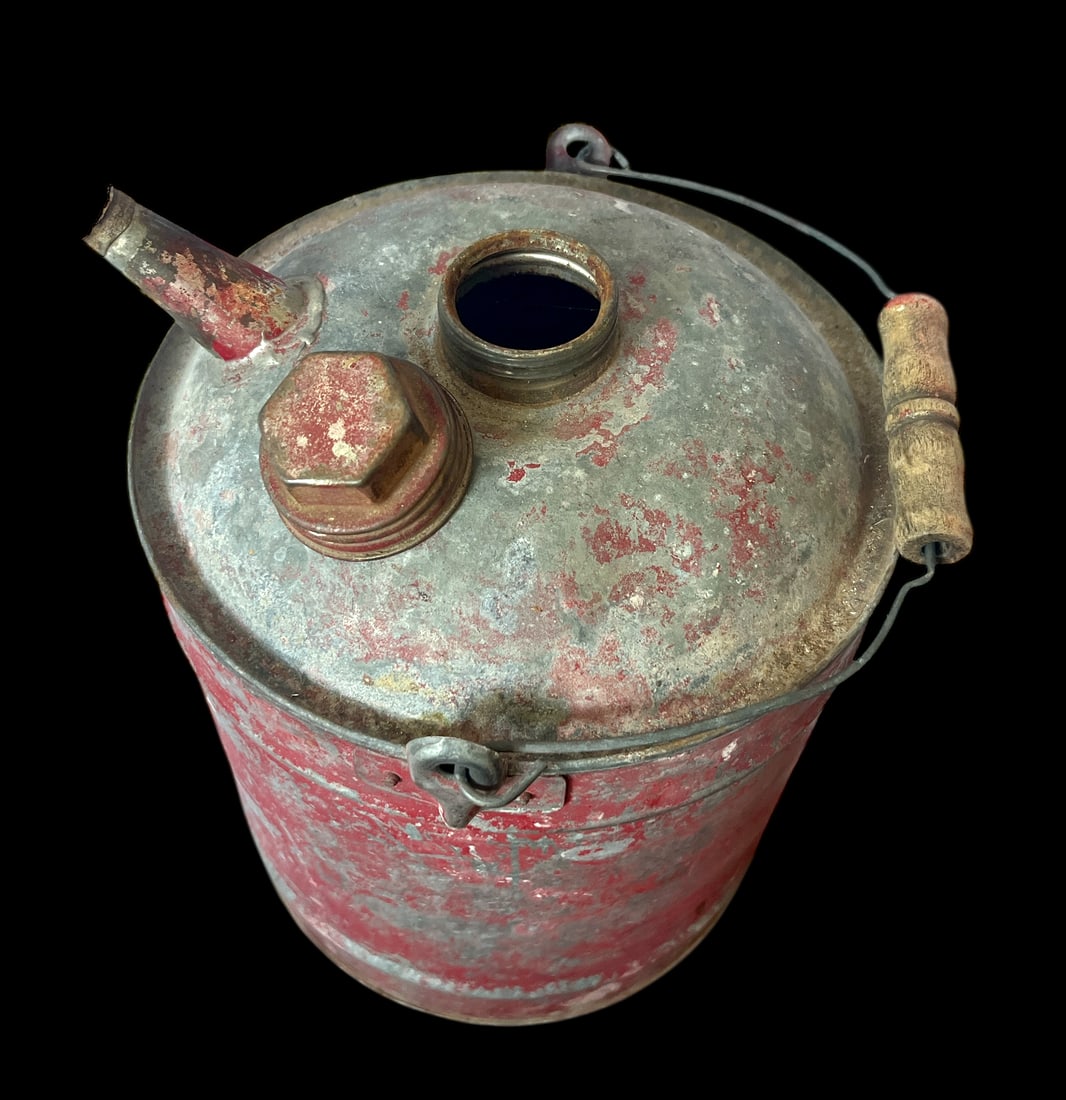 Vintage 1950s Rustic Red Metal Gas Can With Wooden Handle - 3