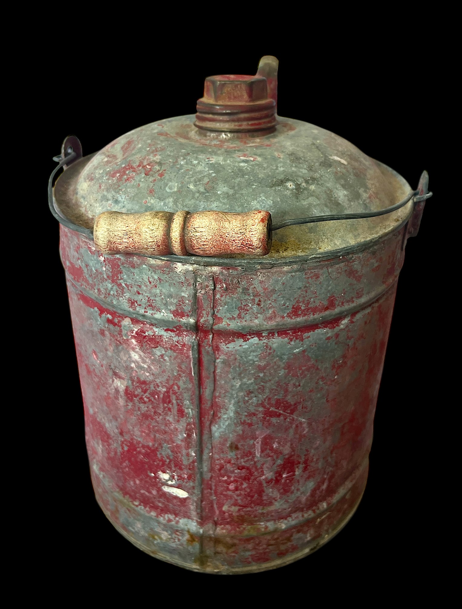 Vintage 1950s Rustic Red Metal Gas Can With Wooden Handle - 4