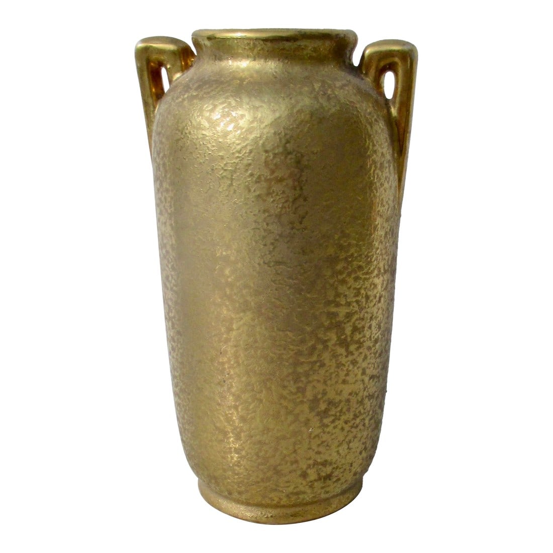 Japanese Gilt T T Porcelain Circa 1900-1920s: Takito Co. mark. porcelain from 1890-1920. Classic Art Deco urn with shoulder handles. Hammered gilt glaze with a white glaze interior. Beautiful refined Japanese Deco porcelain. The measurements