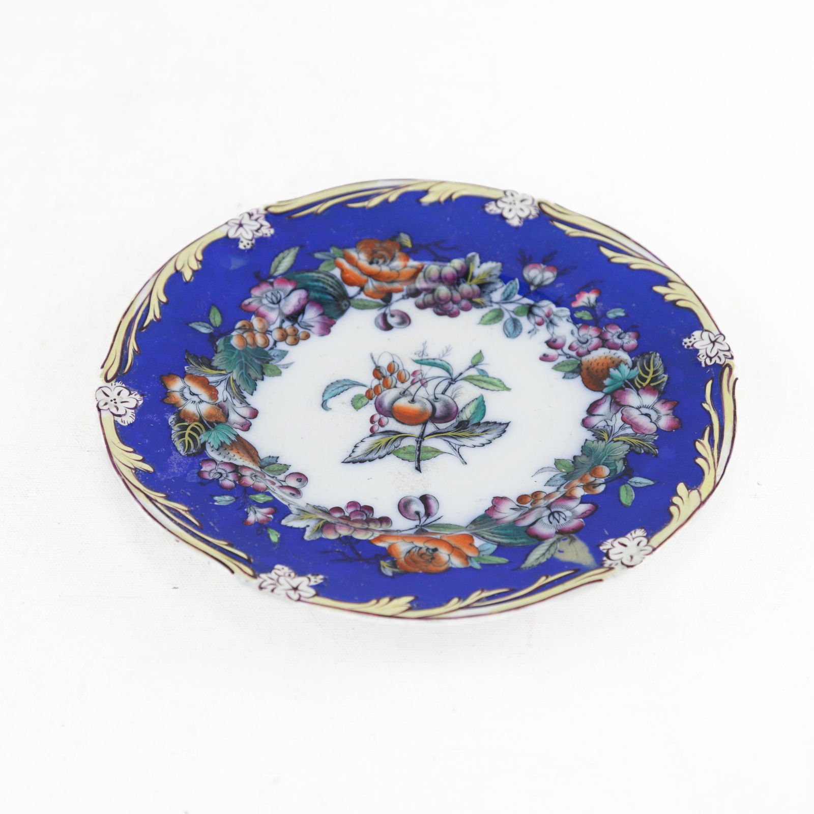 Antique Royal Blue Porcelain Plate "“ Floral & Fruit Motif - 4