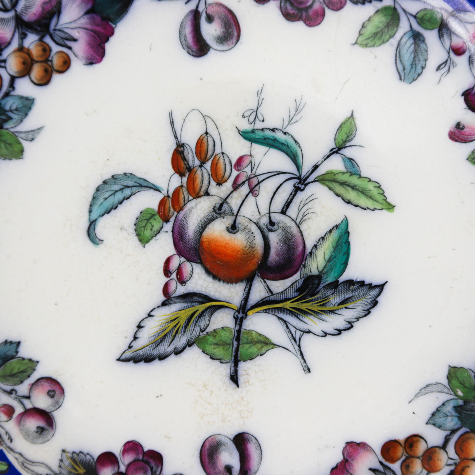 Antique Royal Blue Porcelain Plate "“ Floral & Fruit Motif - 5