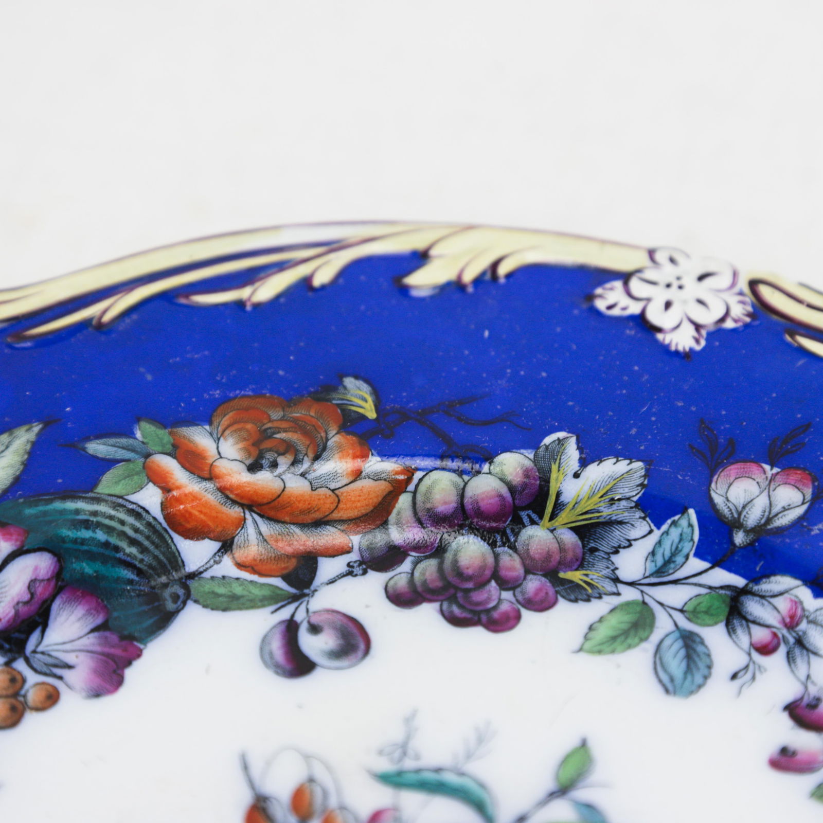 Antique Royal Blue Porcelain Plate "“ Floral & Fruit Motif - 6