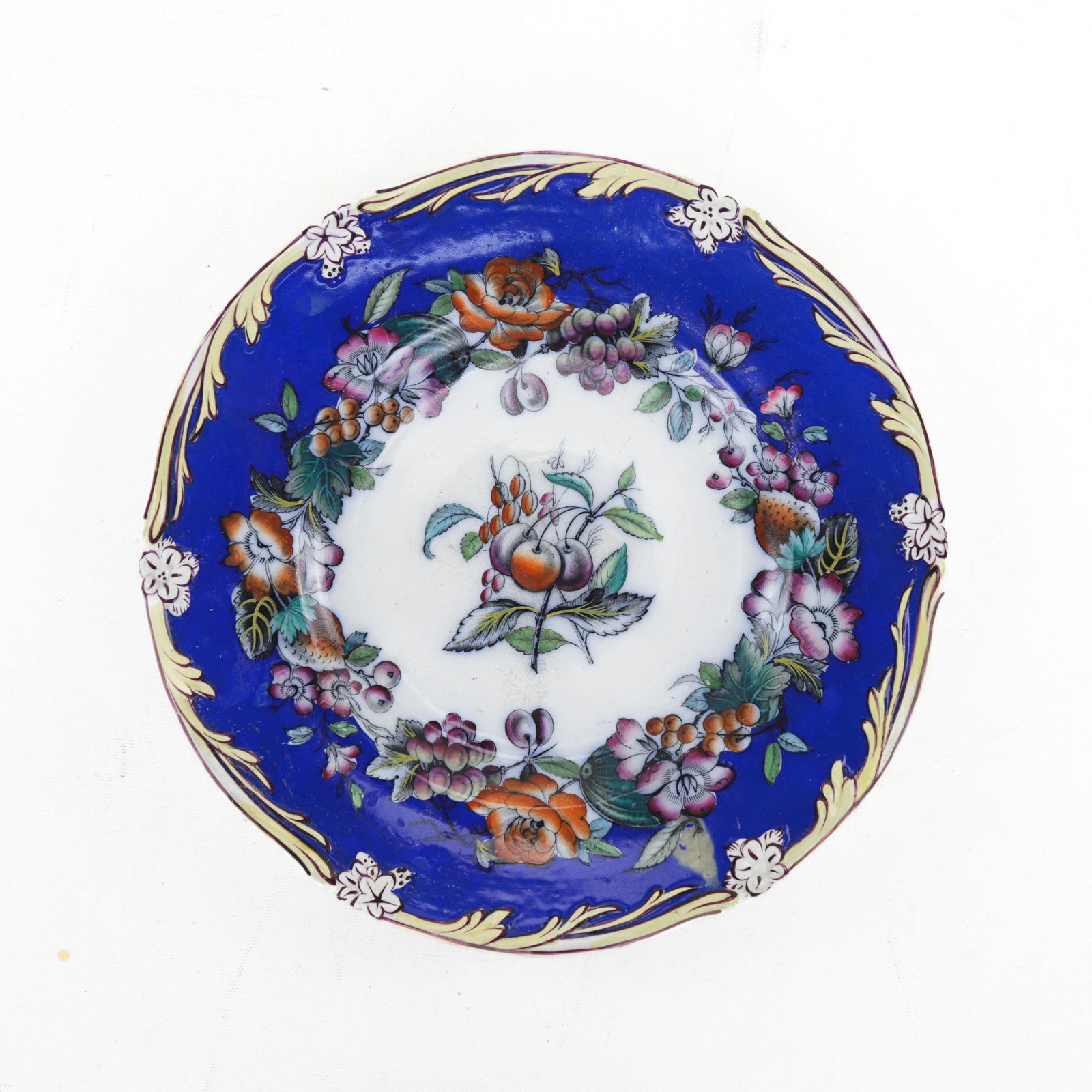Antique Royal Blue Porcelain Plate "“ Floral & Fruit Motif - 7