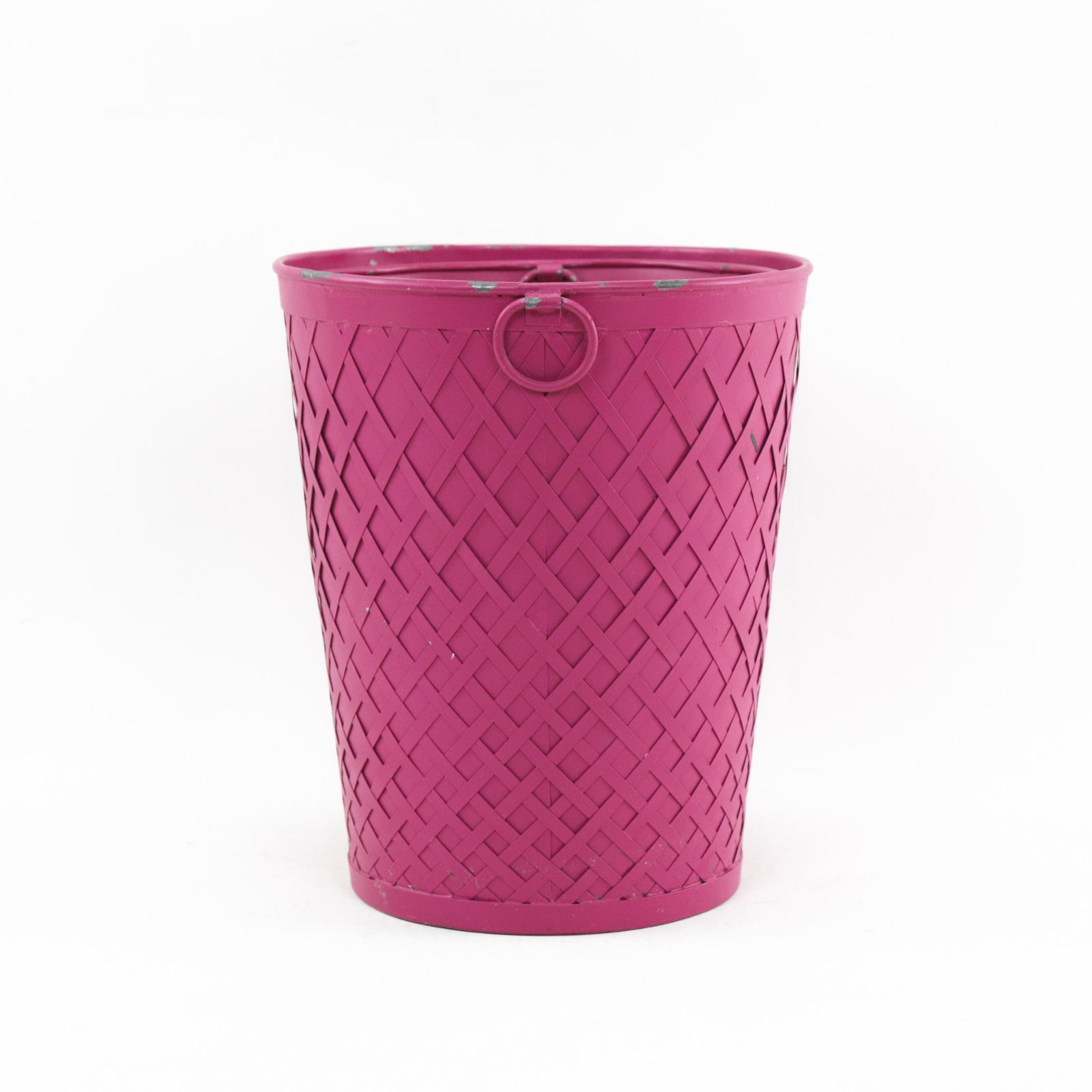 Vintage Woven Metal Bucket / Wastebasket in Deep Magenta - 5