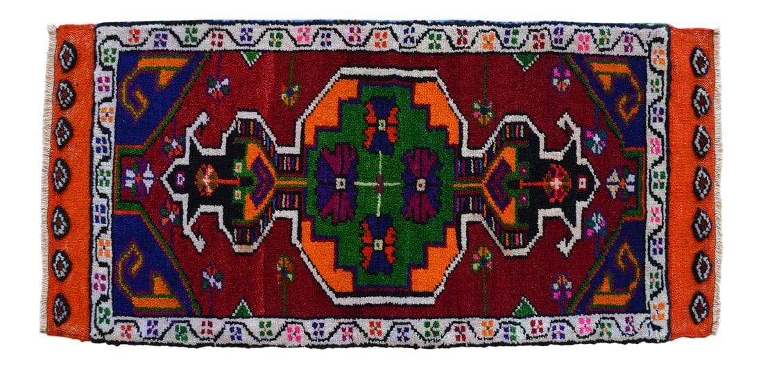 Hand Made Rug. Colorful Oushak Rug, Bath Mat, Kitchen Sink Decor Doormat 1'6" X 3'1": Vintage Turkish hand-knotted small rug from Konya, 1970, featuring warm ruby red and tangerine tones and authentic village craftsmanship â€” soft underfoot comfort, perfect for kitche