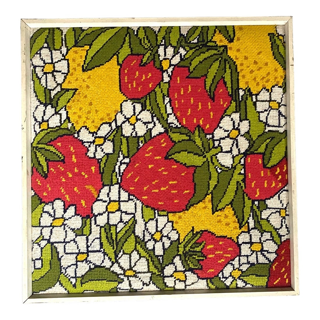 Vintage Handmade 1970s Strawberry, Lemon and Daisy Needlepoint Wallhanging in White Wood Frame: Poppy and punchy needlepoint of strawberries, citrus and white flowers in a white frame. Square shaped. Hand stitched. Condition: Alterations: Original Condition Unaltered Imperfections: Some Imperfec