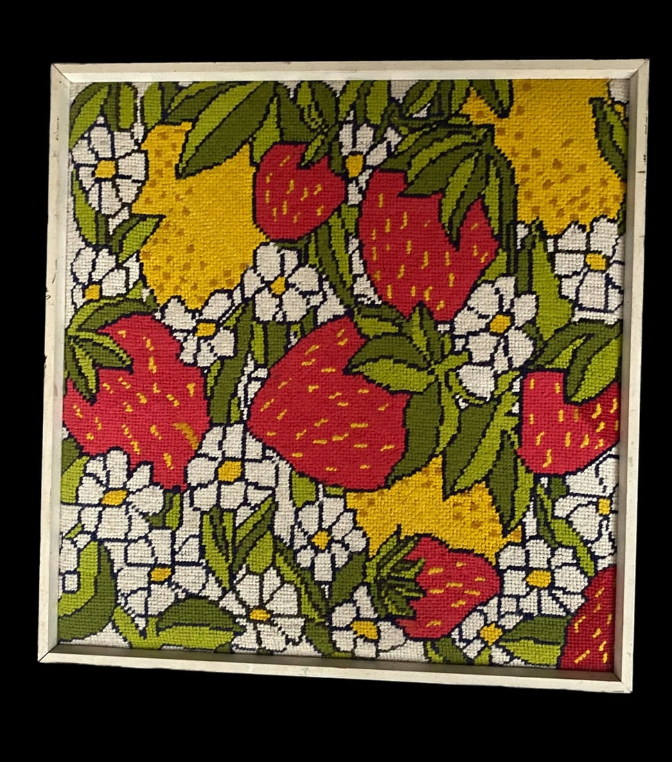 Vintage Handmade 1970s Strawberry, Lemon and Daisy Needlepoint Wallhanging in White Wood Frame - 2