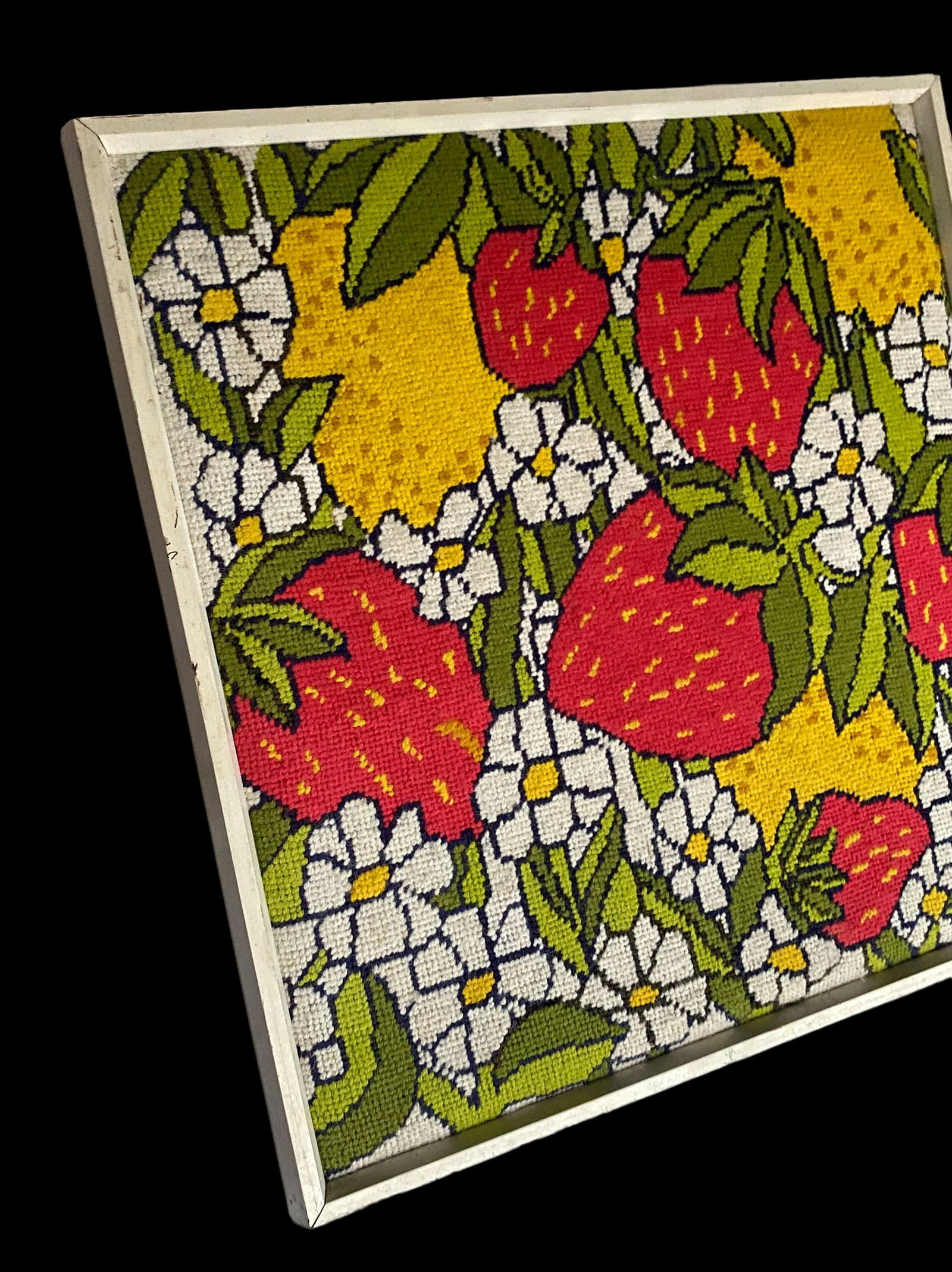 Vintage Handmade 1970s Strawberry, Lemon and Daisy Needlepoint Wallhanging in White Wood Frame - 3
