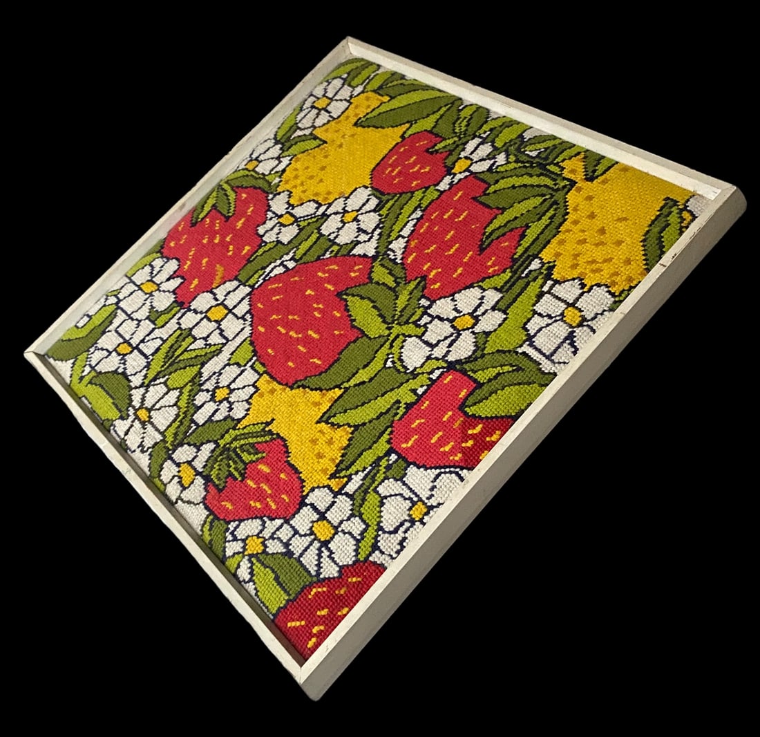 Vintage Handmade 1970s Strawberry, Lemon and Daisy Needlepoint Wallhanging in White Wood Frame - 4