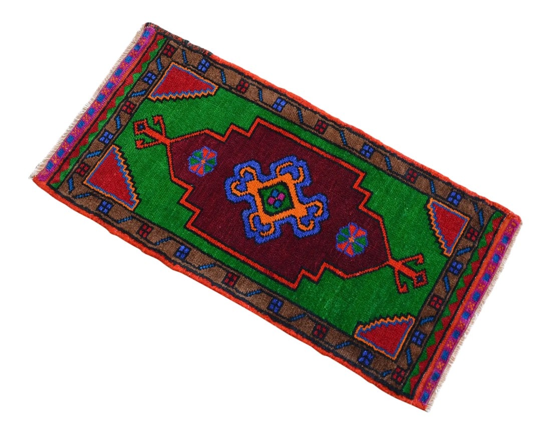 Hand Knotted Oushak Rug. Colorful Rug, Bath Mat, Laundry Decor 1'6" X 3': Vintage Turkish hand-knotted small rug from Konya, Central Anatolia, 1970s, featuring warm emerald green and wine-red tones and authentic village craftsmanship â€” soft underfoot