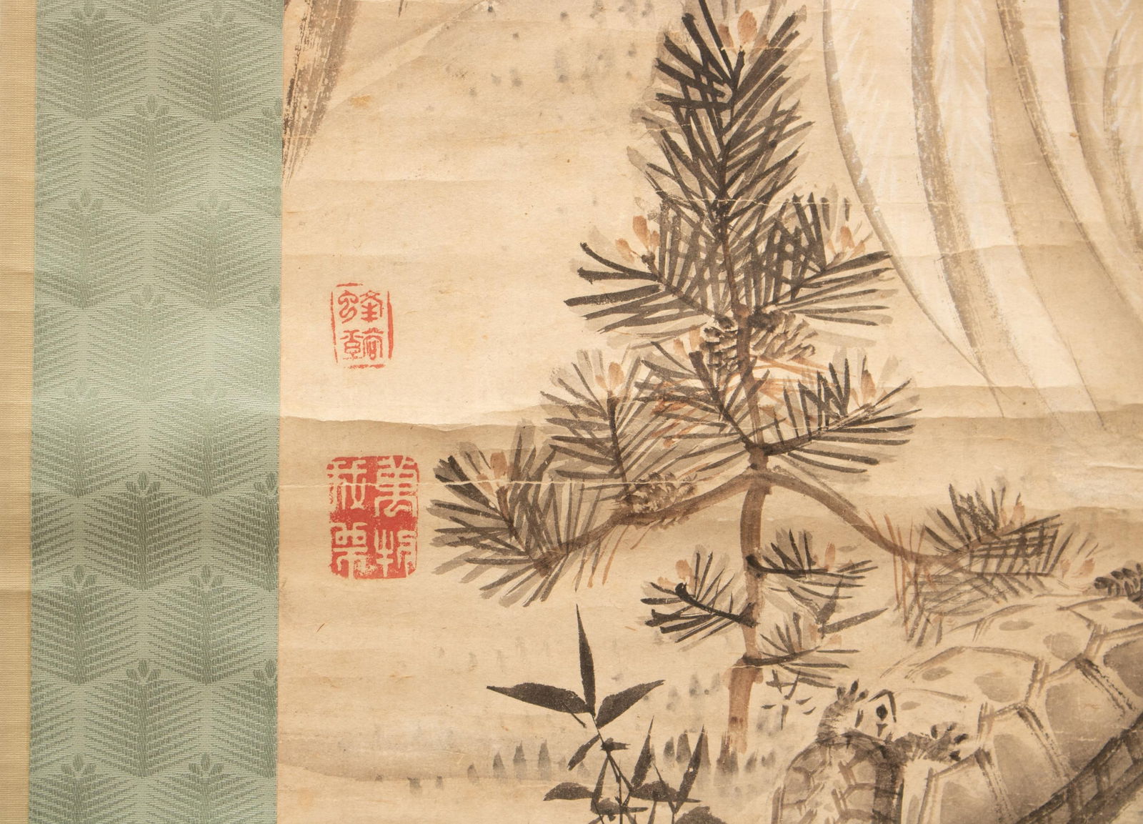 XL 1910 Meiji Era Japanese Painted Monochrome Scroll "Cranes and Turtles" - 10