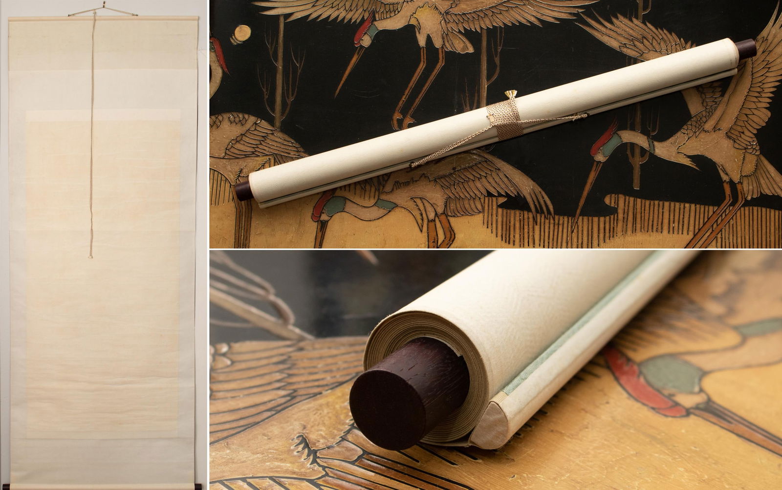 XL 1910 Meiji Era Japanese Painted Monochrome Scroll "Cranes and Turtles" - 11