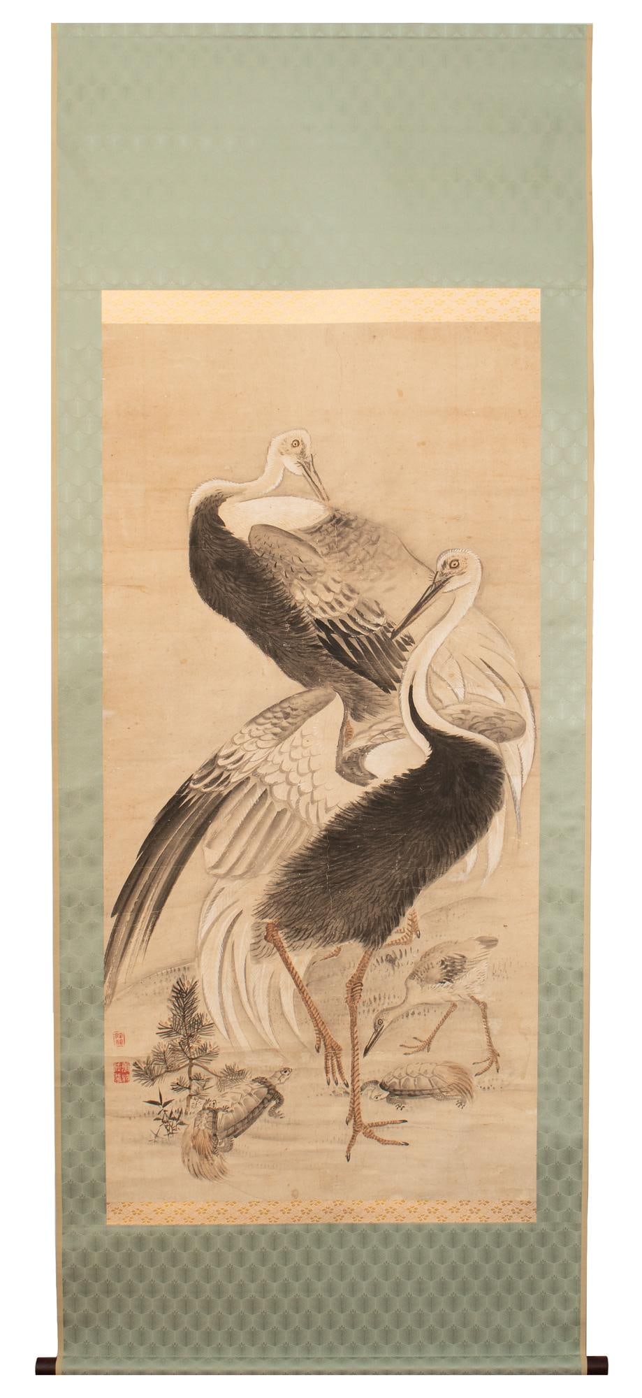 XL 1910 Meiji Era Japanese Painted Monochrome Scroll "Cranes and Turtles" - 12