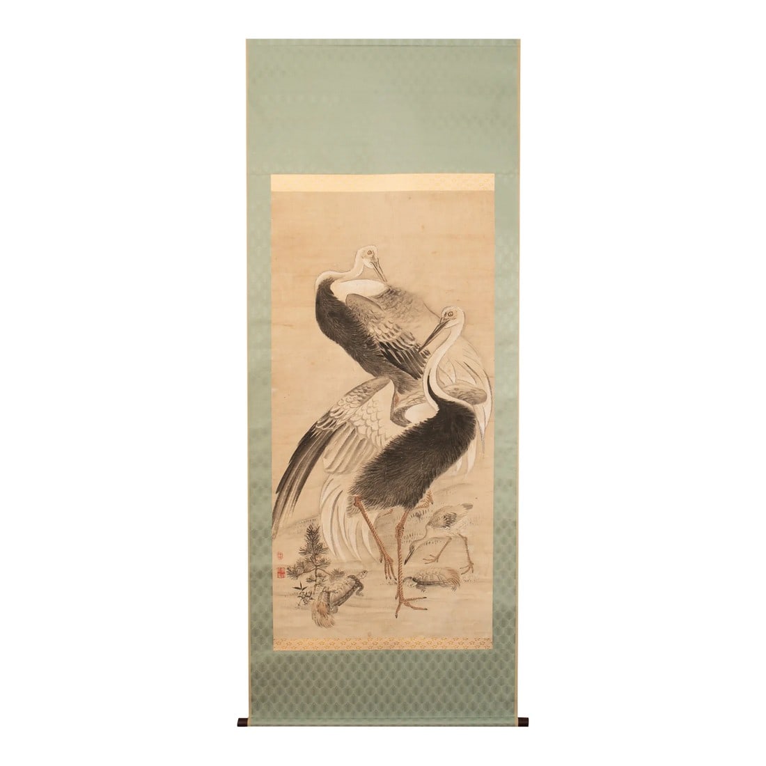 XL 1910 Meiji Era Japanese Painted Monochrome Scroll "Cranes and Turtles" (1 of 12)