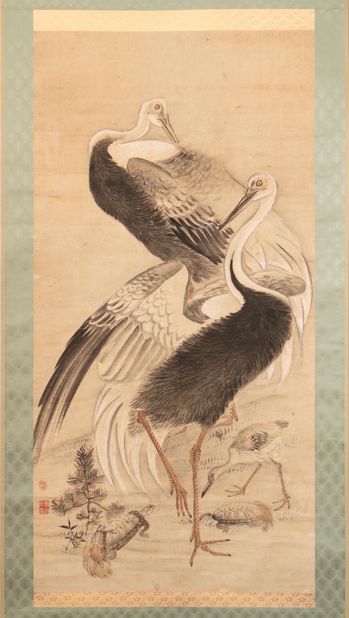 XL 1910 Meiji Era Japanese Painted Monochrome Scroll "Cranes and Turtles" - 2