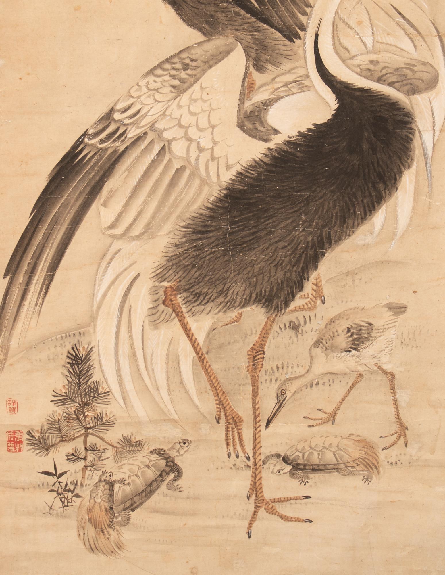 XL 1910 Meiji Era Japanese Painted Monochrome Scroll "Cranes and Turtles" - 4