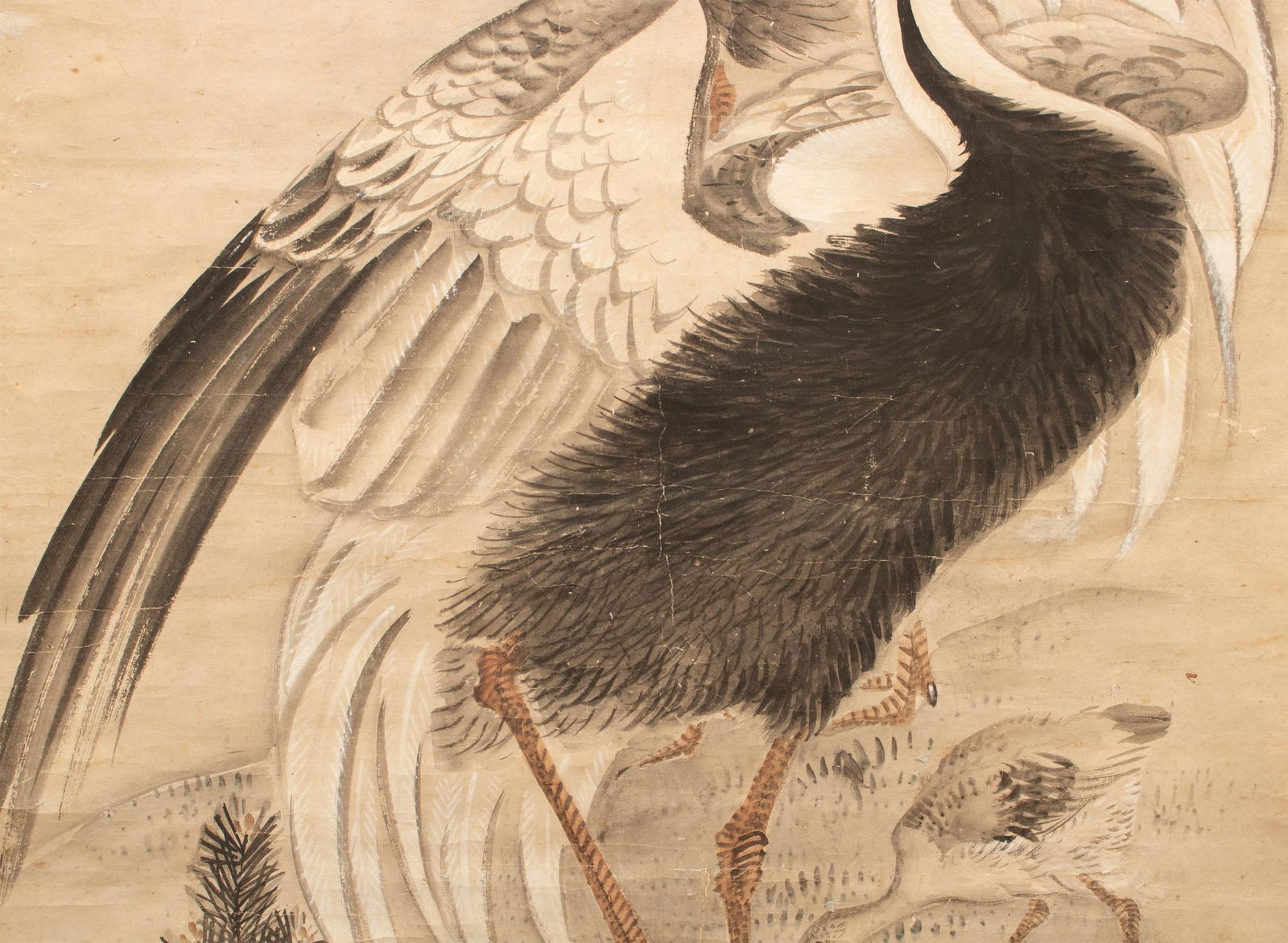 XL 1910 Meiji Era Japanese Painted Monochrome Scroll "Cranes and Turtles" - 6