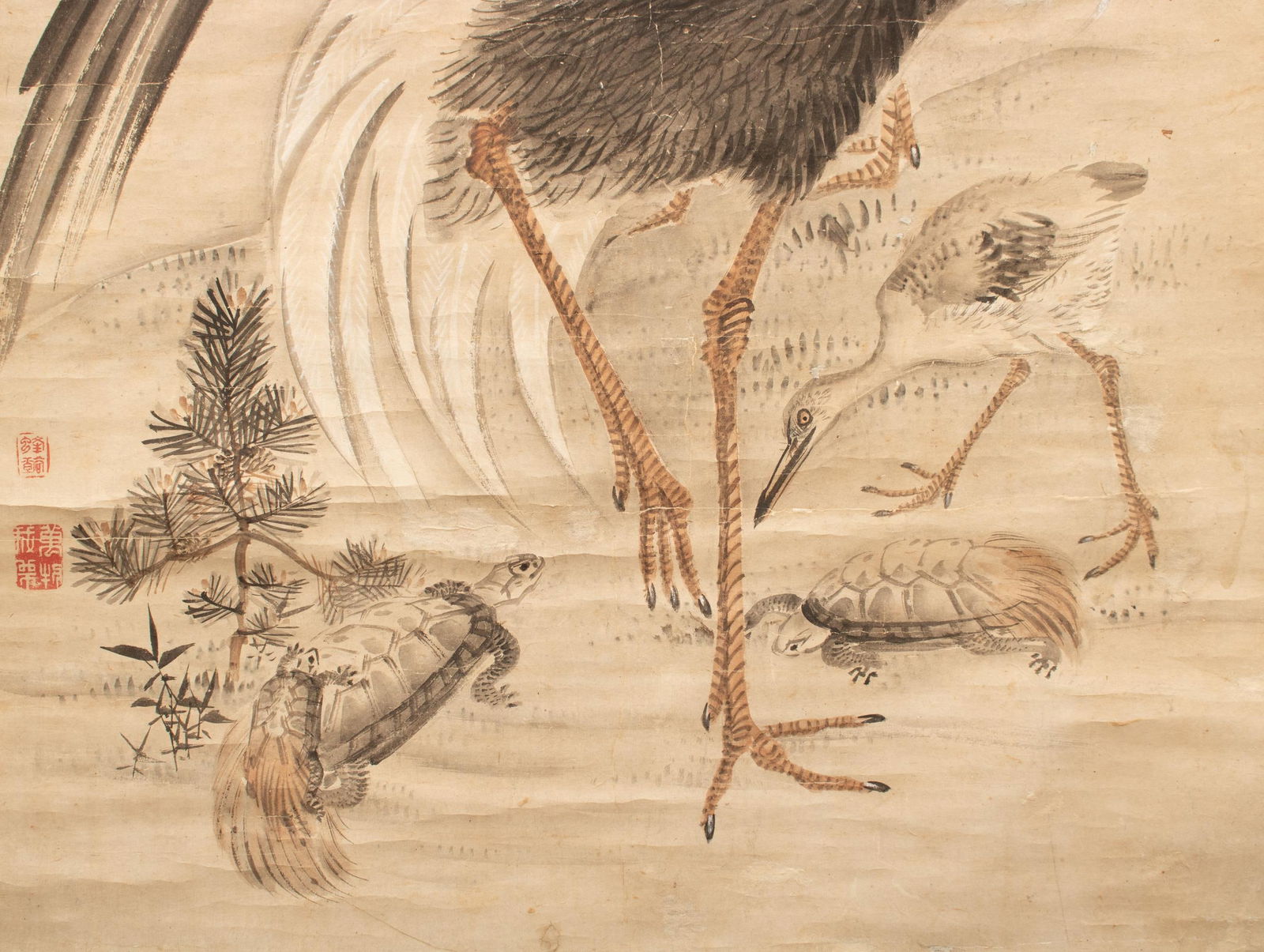 XL 1910 Meiji Era Japanese Painted Monochrome Scroll "Cranes and Turtles" - 7