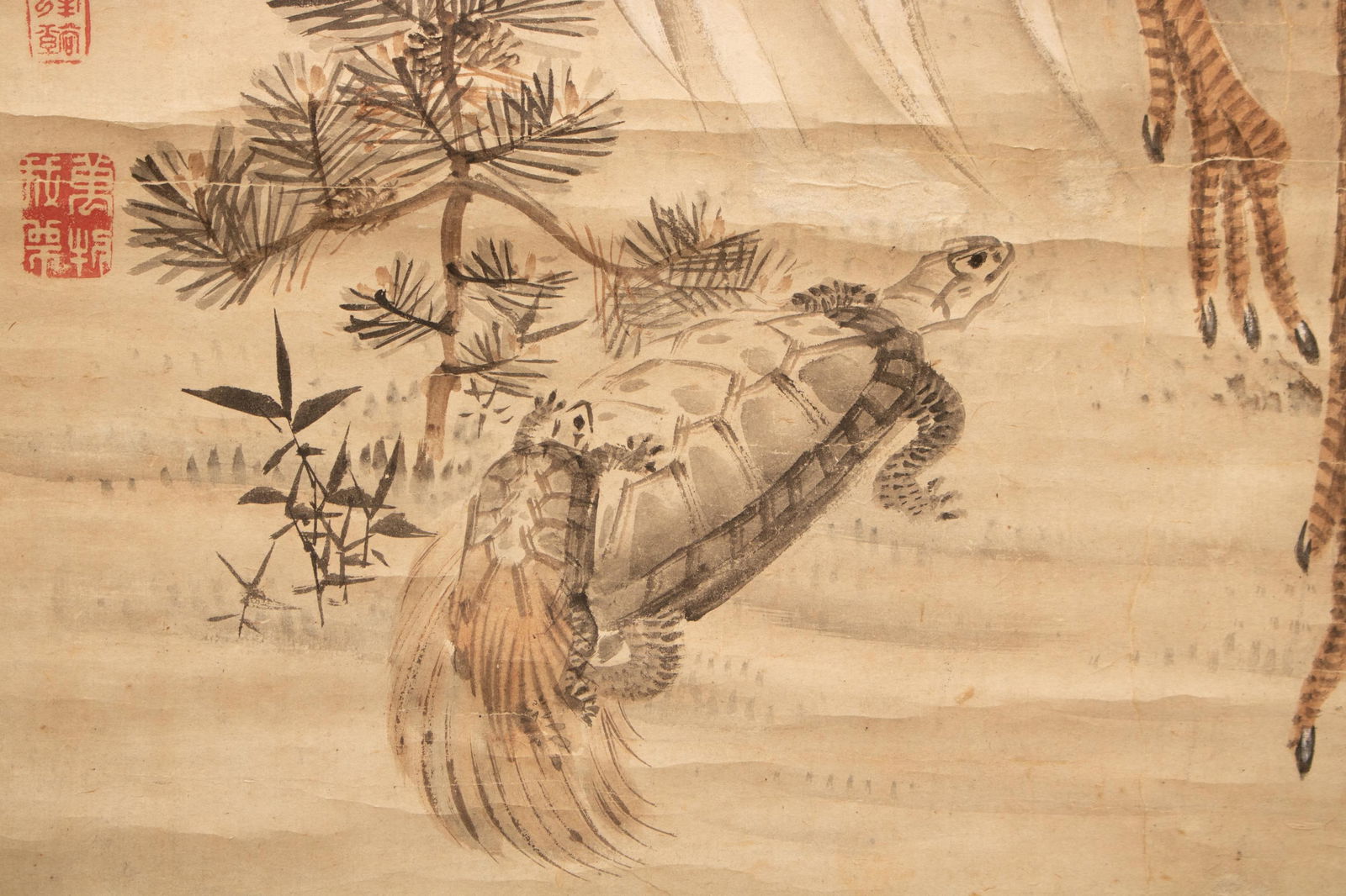 XL 1910 Meiji Era Japanese Painted Monochrome Scroll "Cranes and Turtles" - 8