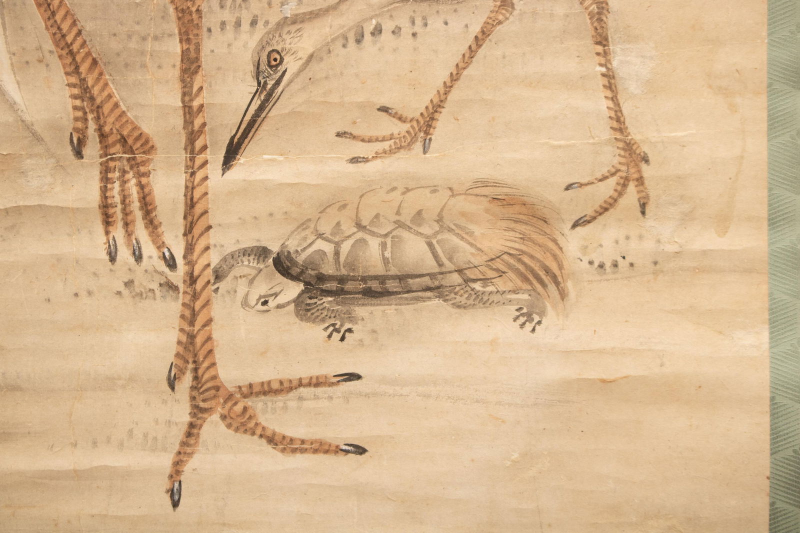XL 1910 Meiji Era Japanese Painted Monochrome Scroll "Cranes and Turtles" - 9