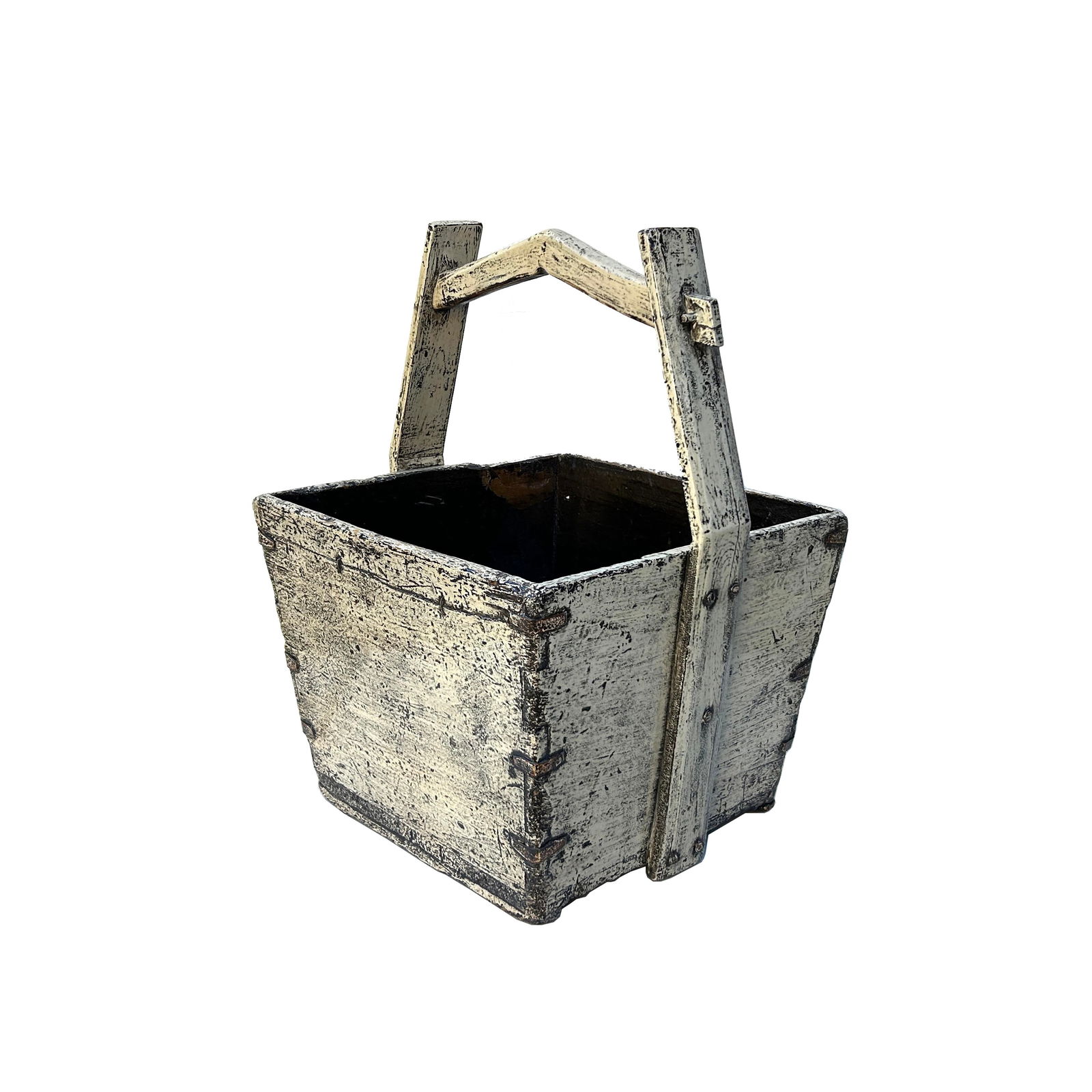 Vintage Rustic Off White Square With Handle Wood Bucket - 5