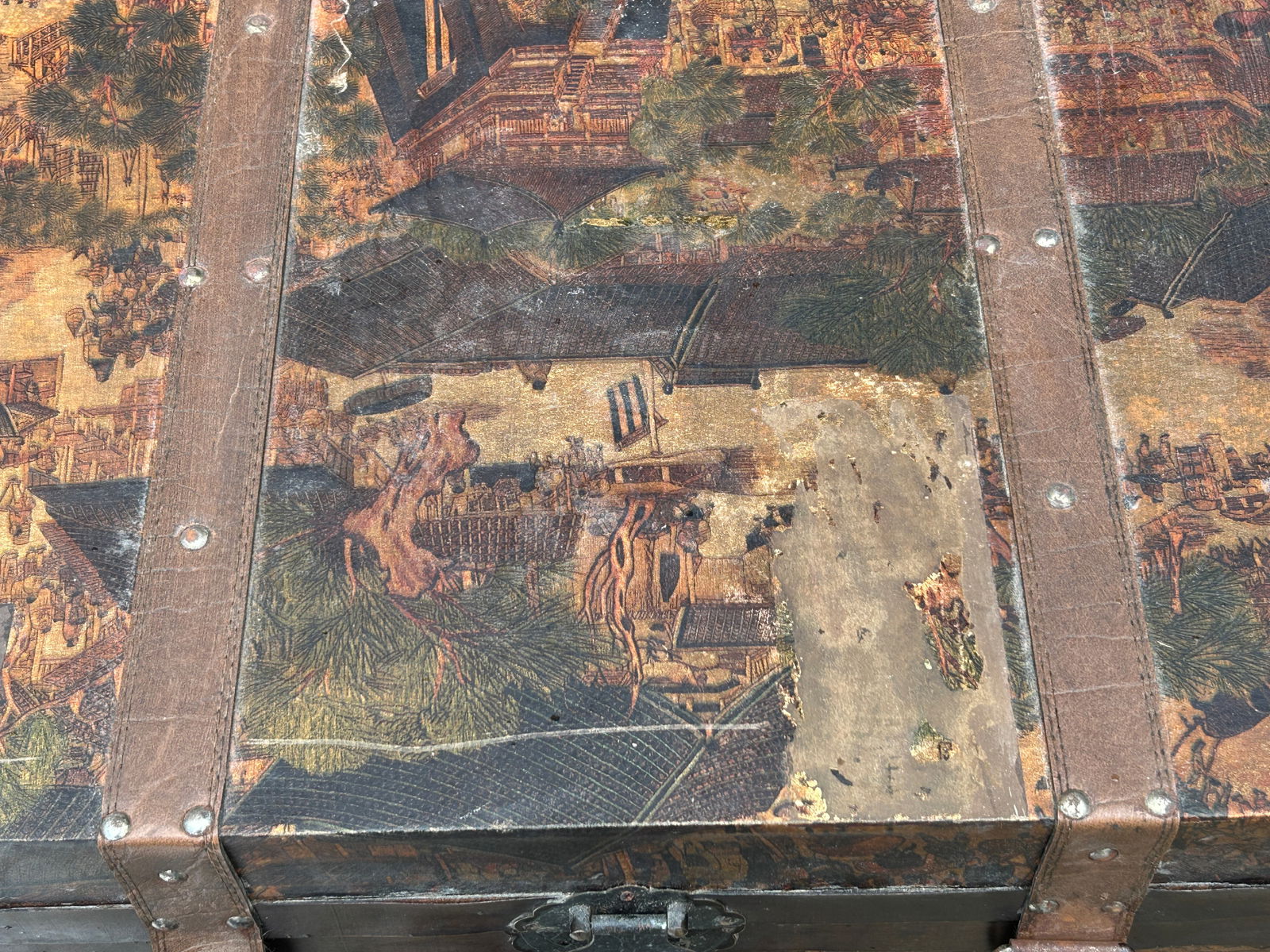 Vintage Weathered Patina Treasure Chest Shape Wood Trunk Box - 12