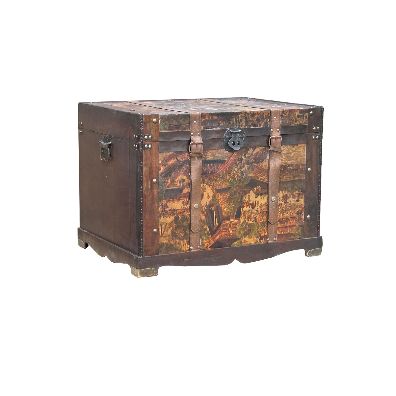 Vintage Weathered Patina Treasure Chest Shape Wood Trunk Box - 4